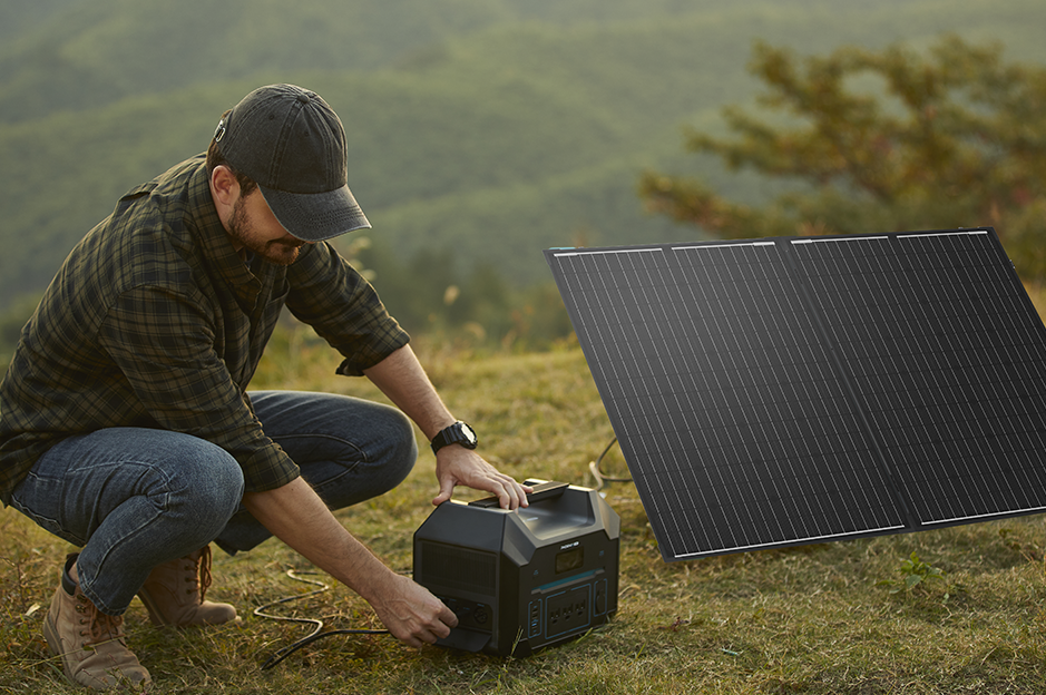 Renogy portable solar suitcase connected to a portable power station