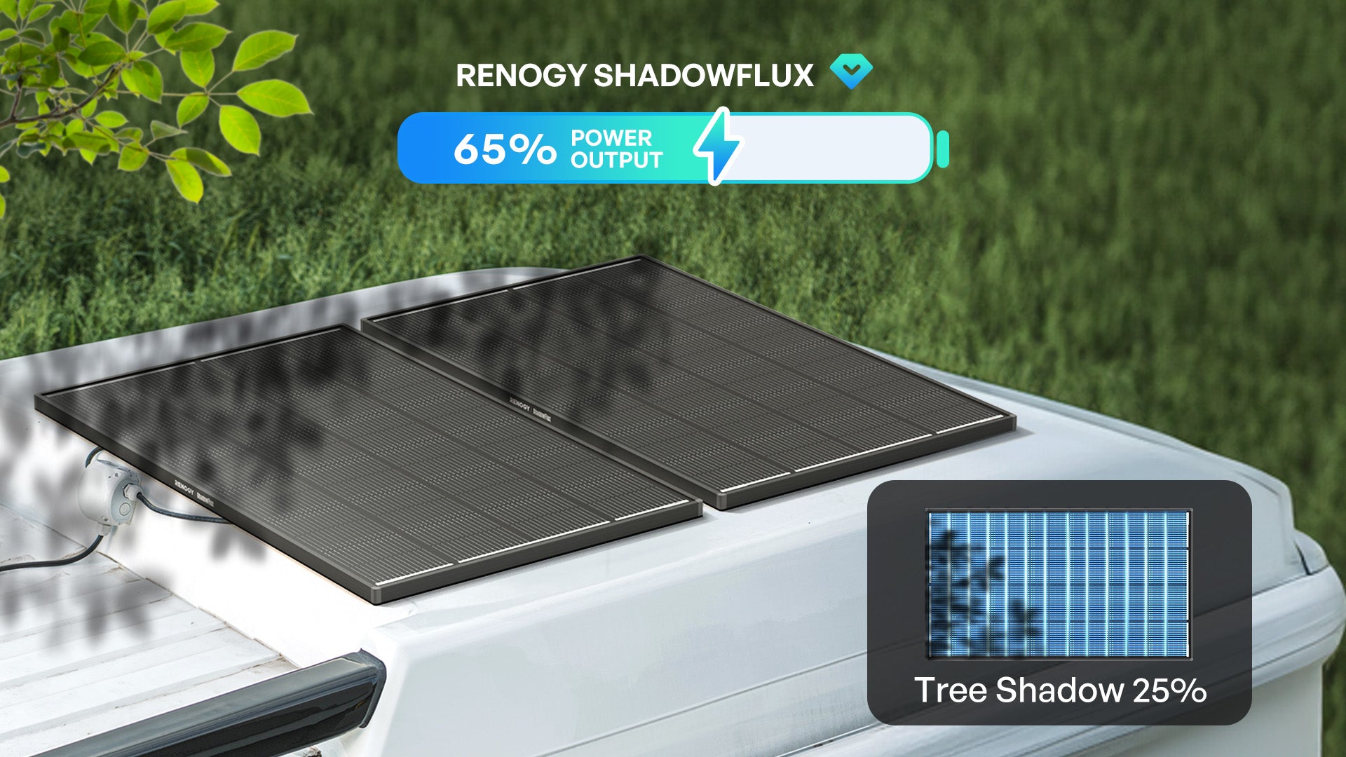 Renogy ShadowFlux panel under tree shadow