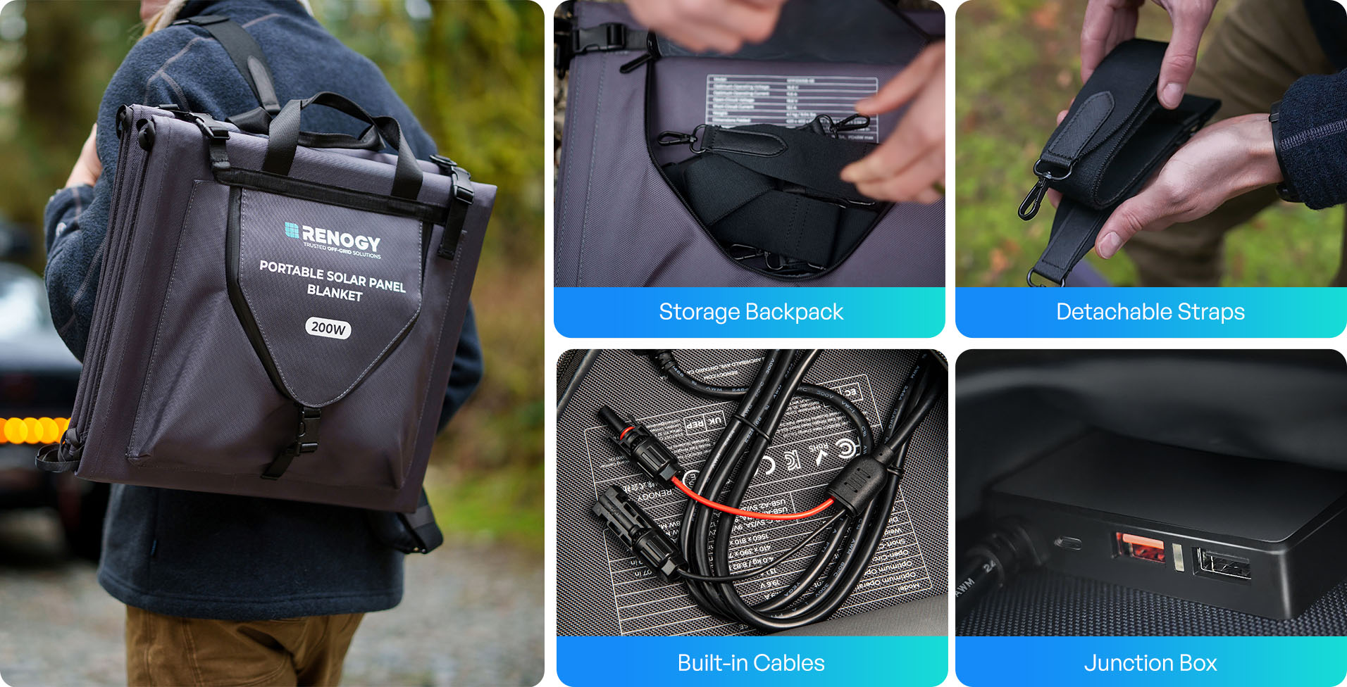 Portable solar blanket integrated storage and carrying features