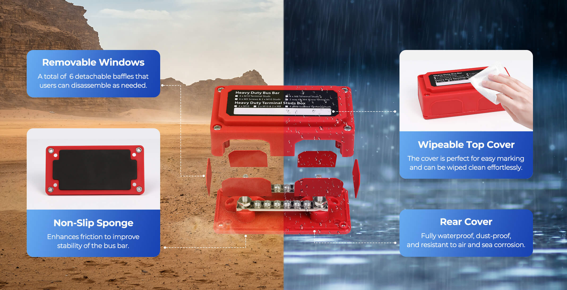 Renogy 100A busbar removable cover and mounting features