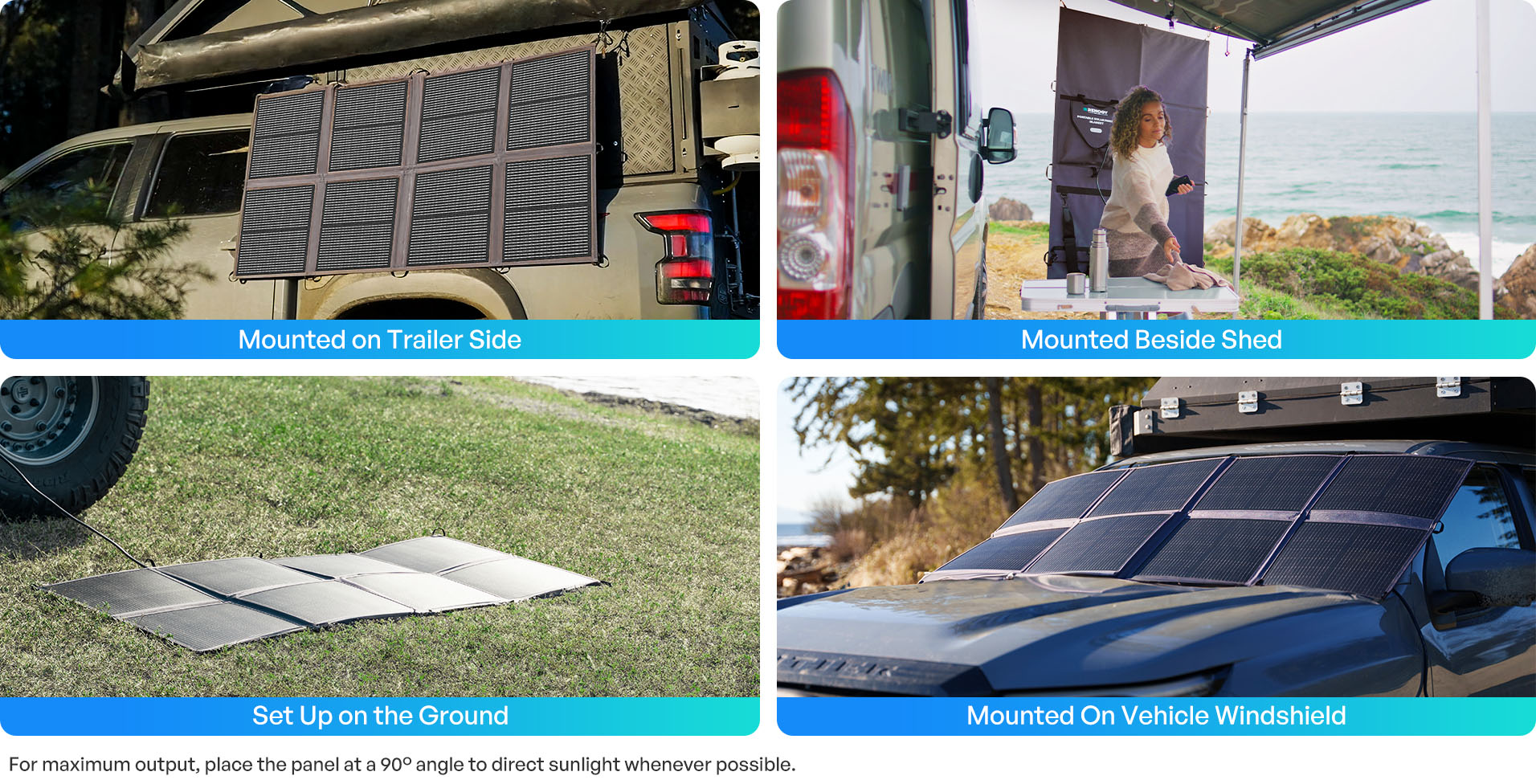 Portable solar blanket placement and setup options