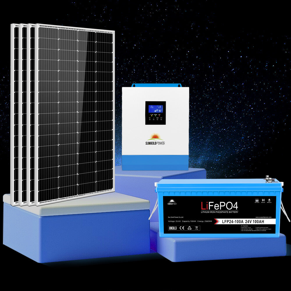 SunGoldPower 3000W kit with four solar panels, inverter, and 24V 100Ah LiFePO4 battery
