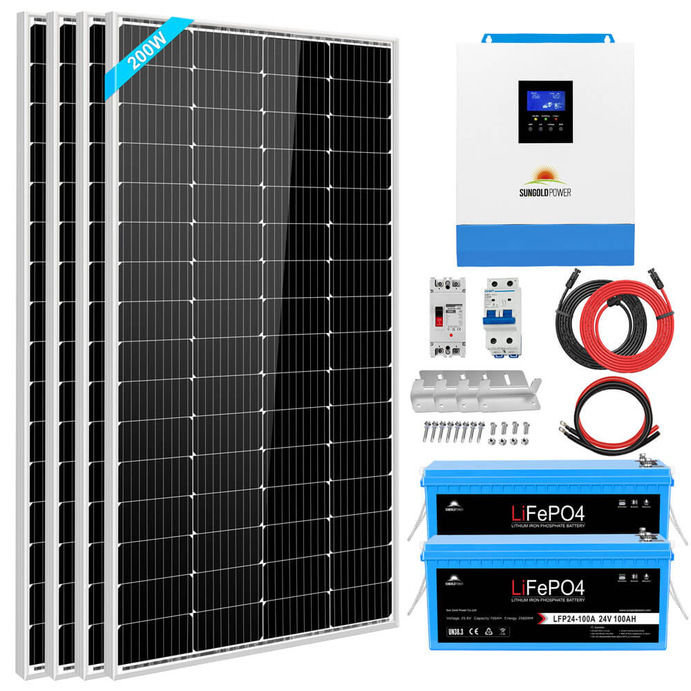 SunGoldPower SGKT-3PRO 3000W 24V solar kit with inverter, four solar panels, two LiFePO4 batteries, wiring, breakers, and mounting accessories