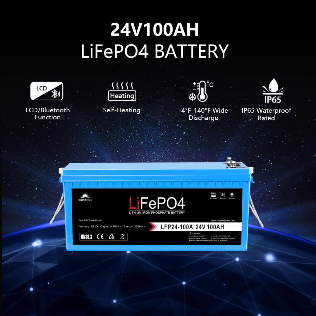 SunGoldPower 24V 100Ah LiFePO4 battery with Bluetooth, self-heating, wide discharge range, and IP65 callouts