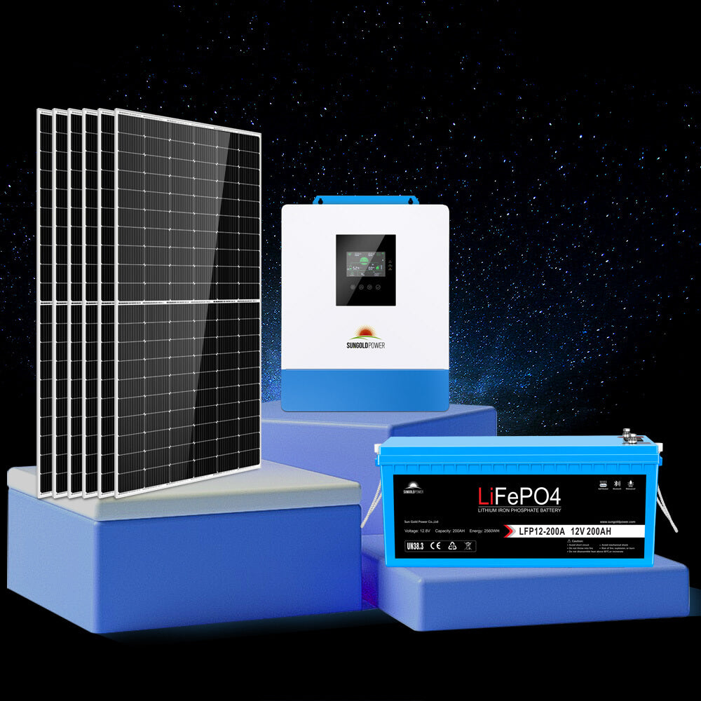SunGoldPower solar panels, inverter, and LiFePO4 battery shown as a complete solar kit system