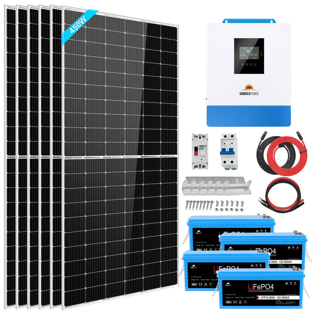 SunGoldPower SGK-5PRO 5000W solar kit with inverter, panels, batteries, wiring, and mounting accessories
