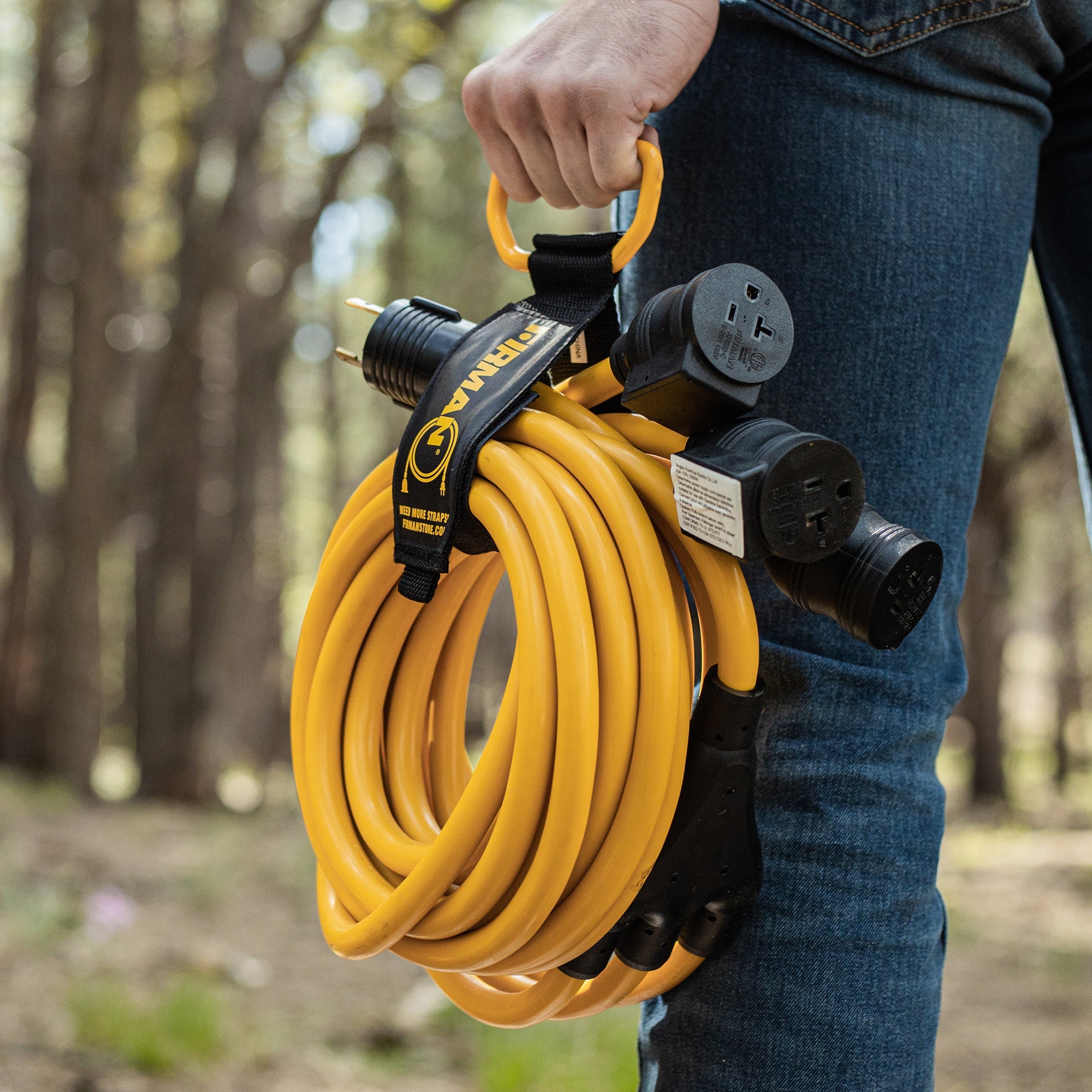 25' Heavy Duty TT-30P to (3)5-20R Portable Generator Power Cord With Storage Strap