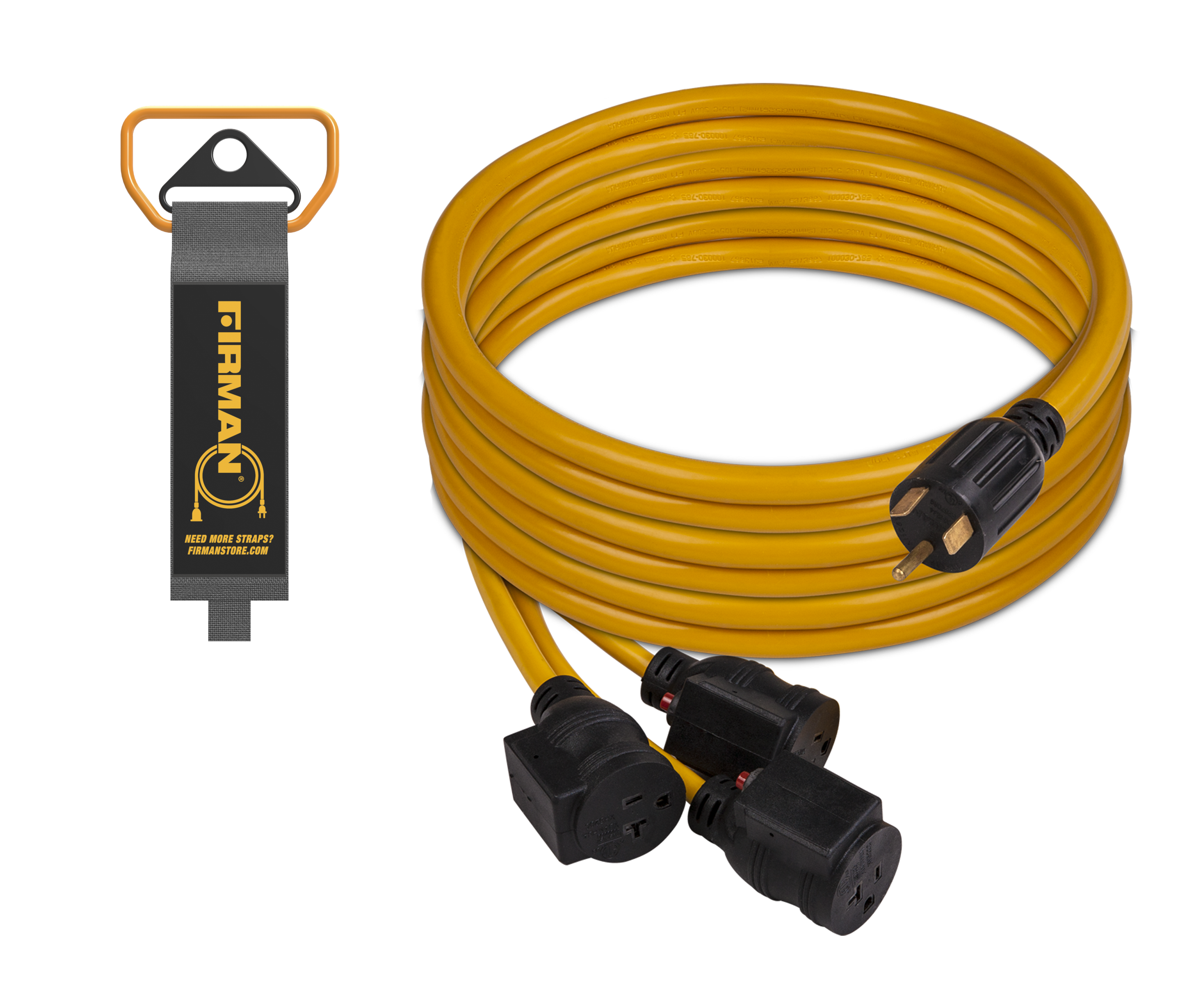 25' Heavy Duty TT-30P to (3)5-20R Portable Generator Power Cord With Storage Strap