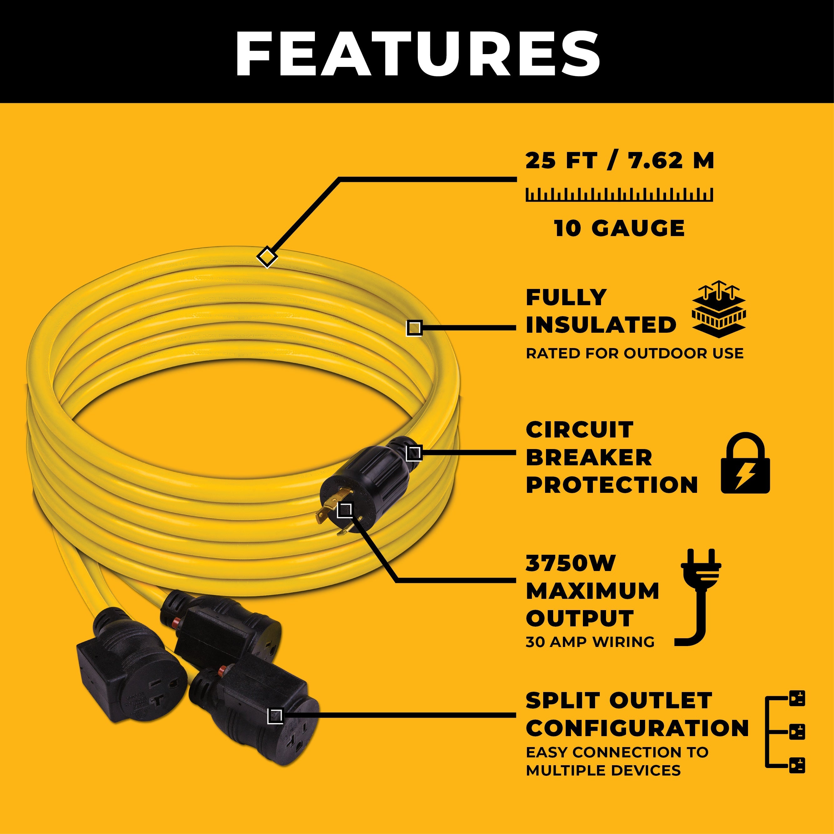 25' Heavy Duty L5-30P to (3) 5-20R Power Cord With Storage Strap