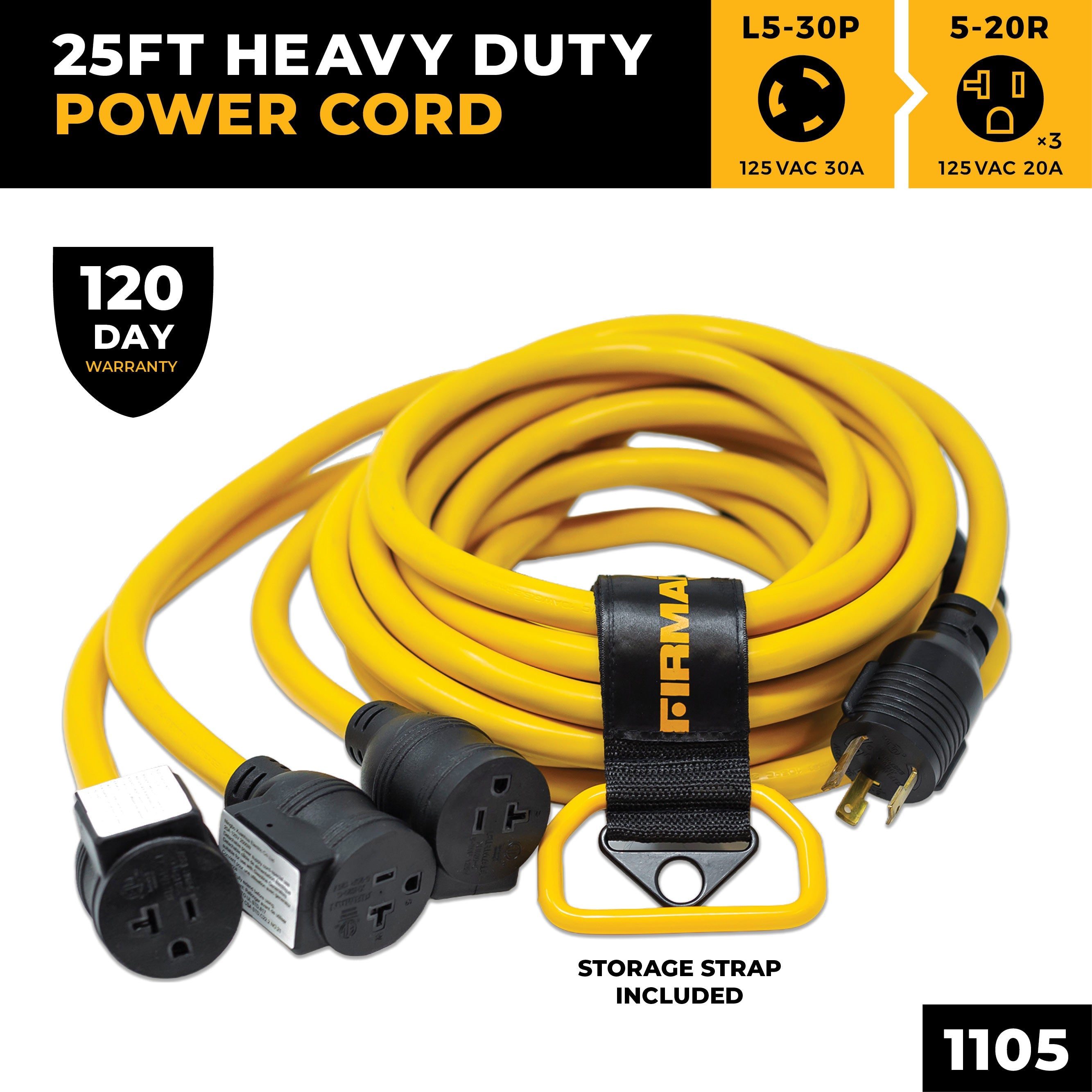 25' Heavy Duty L5-30P to (3) 5-20R Power Cord With Storage Strap