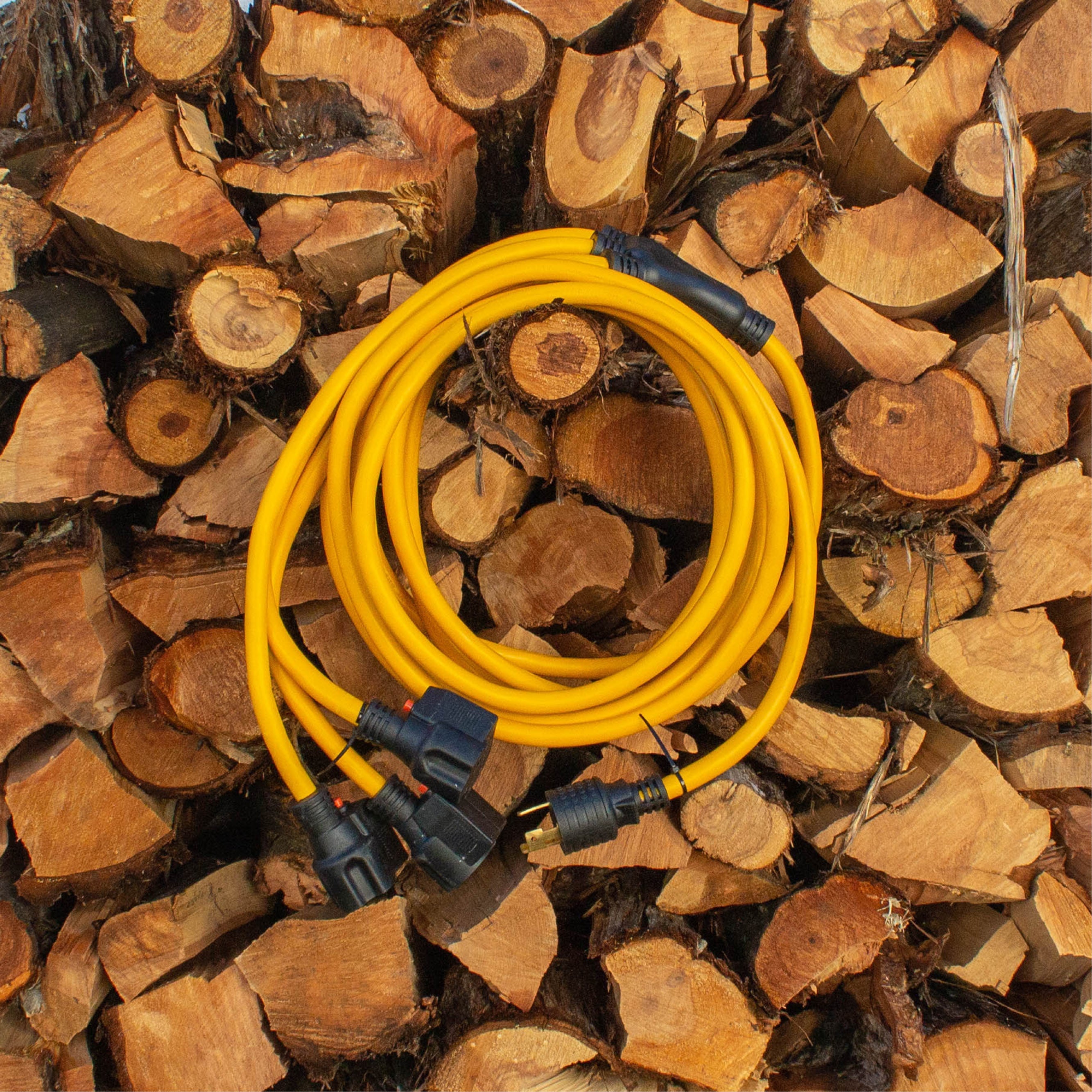 25' Heavy Duty L5-30P to (3) 5-20R Power Cord With Storage Strap