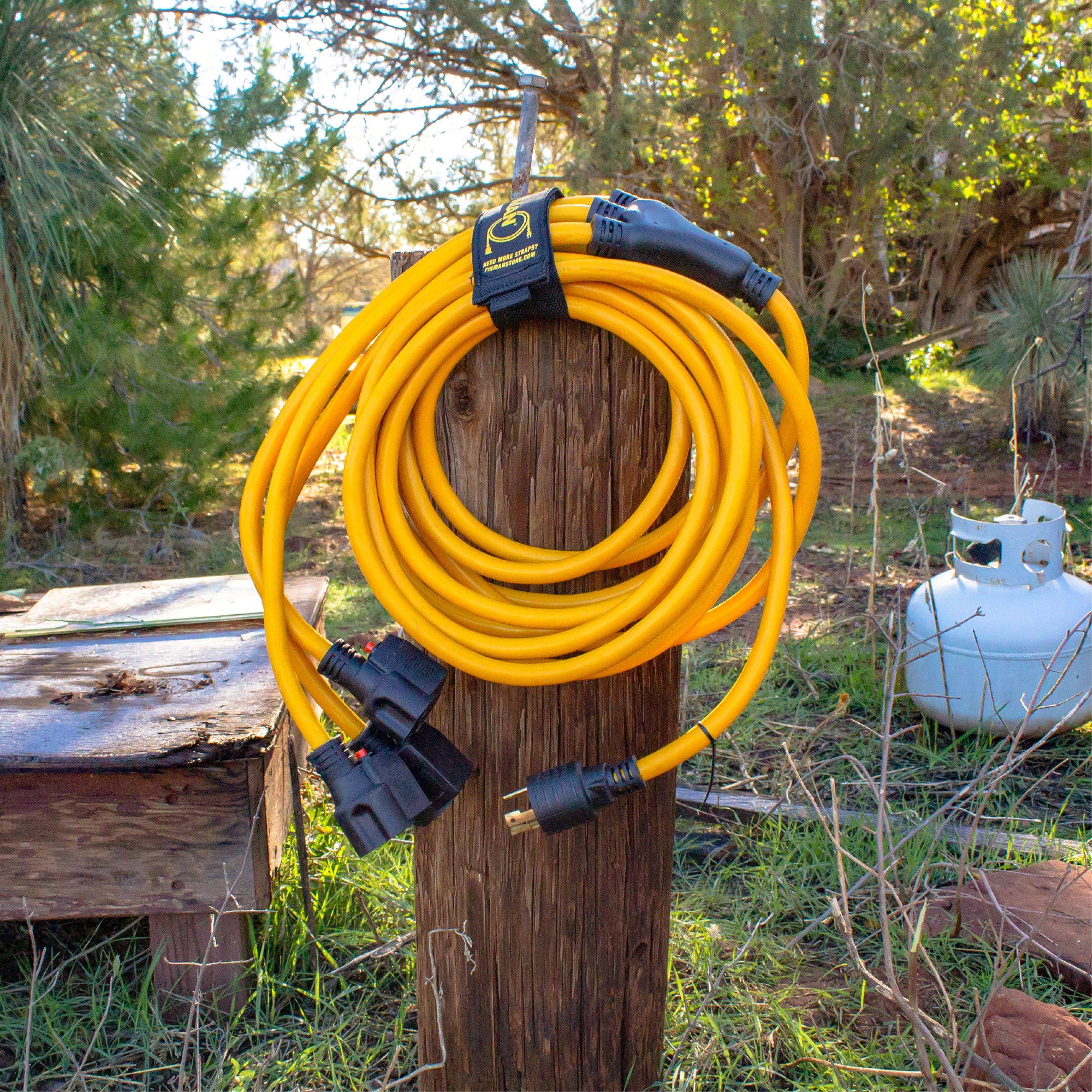 25' Heavy Duty L5-30P to (3) 5-20R Power Cord With Storage Strap