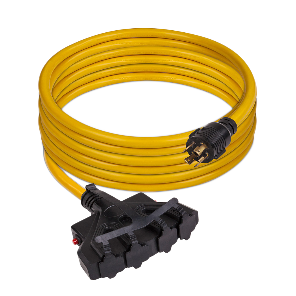 25ft Heavy Duty L14-30P to (4) 5-20R Power Cord With Storage Strap