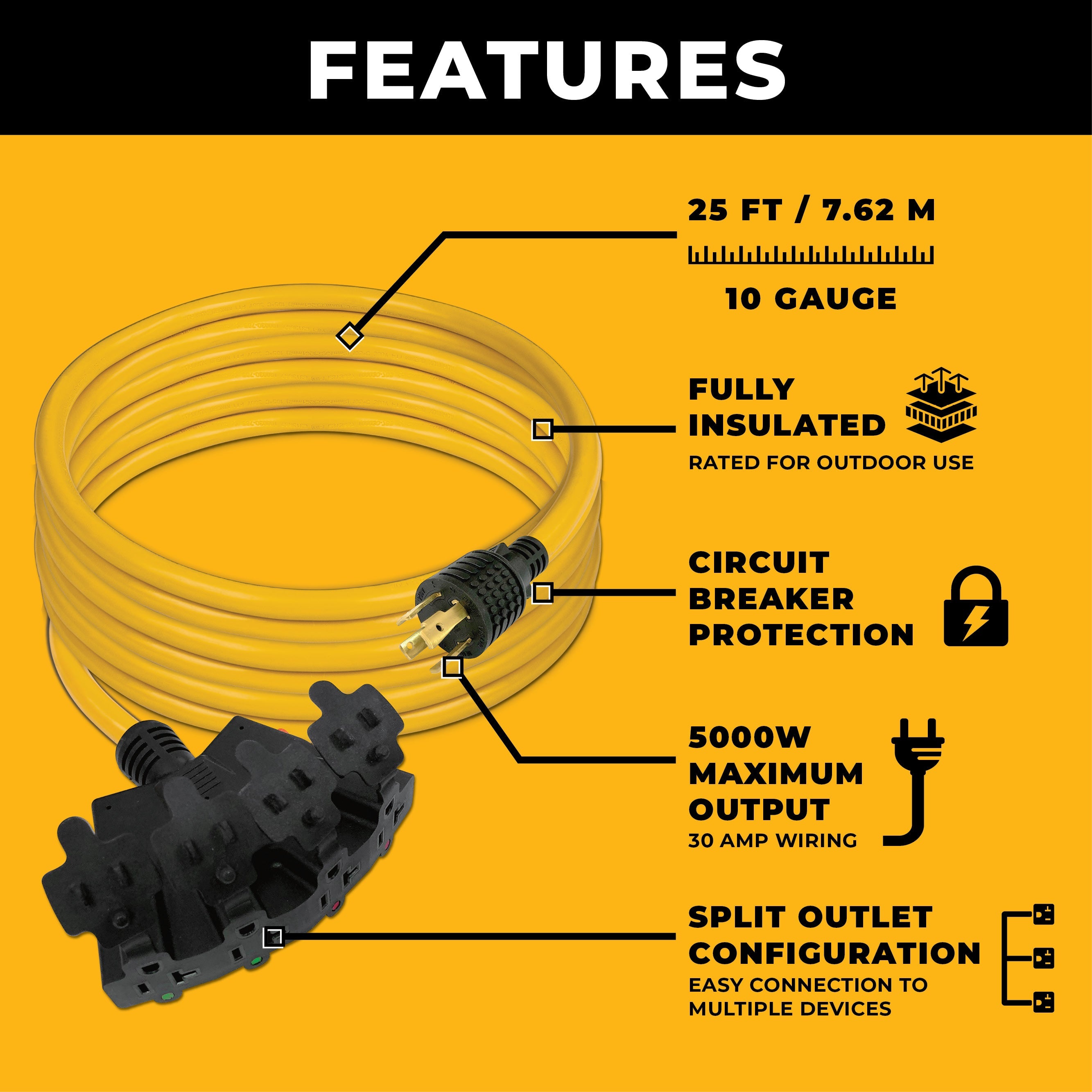 25ft Heavy Duty L14-30P to (4) 5-20R Power Cord With Storage Strap
