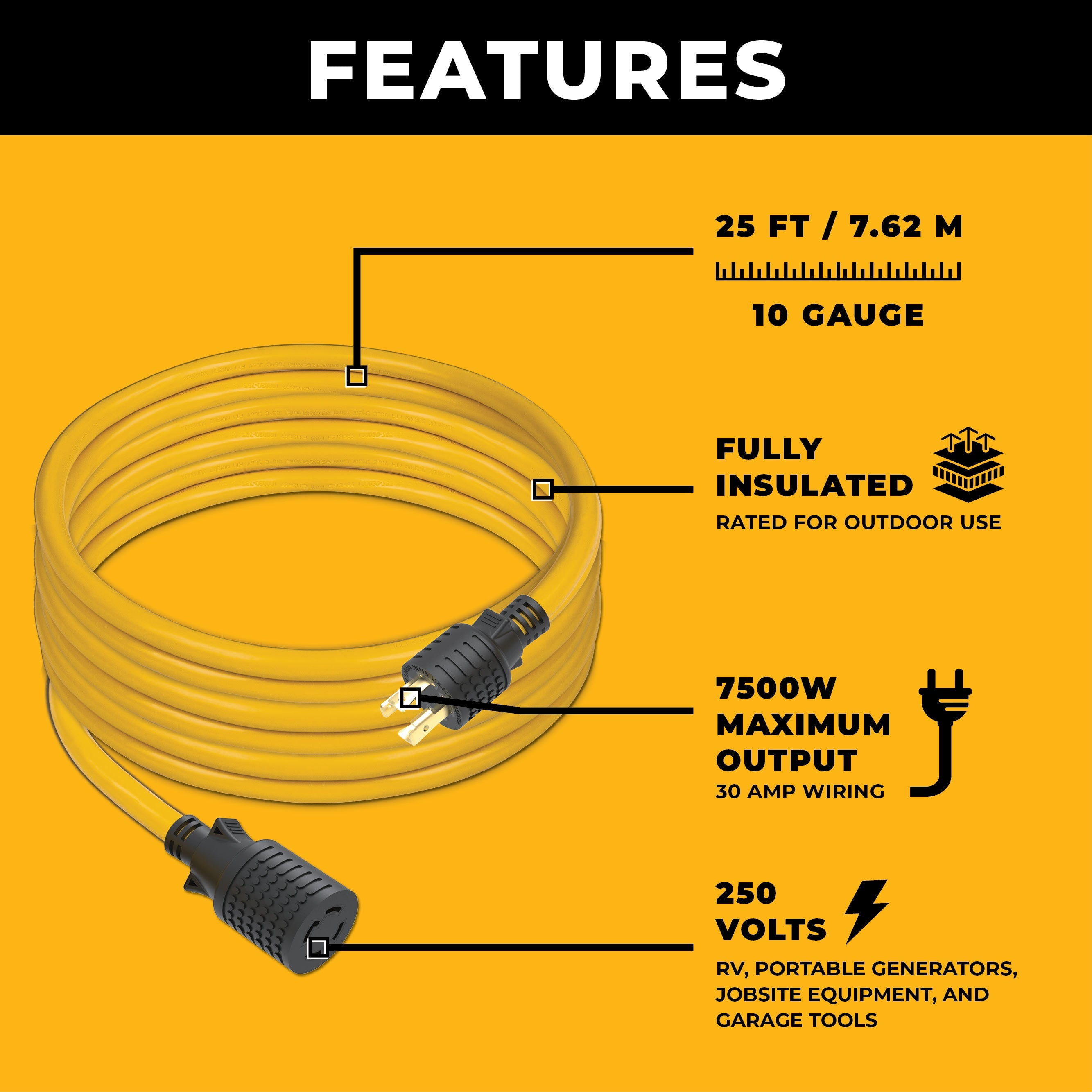 25ft Heavy Duty L14-30P to L14-30R Power Cord Extension With Storage Strap