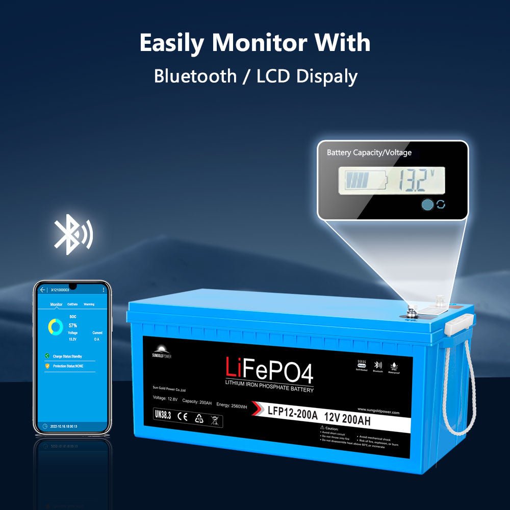 12V 200Ah LiFePo4 Deep Cycle Lithium Battery/ Bluetooth / Self- Heating / IP65