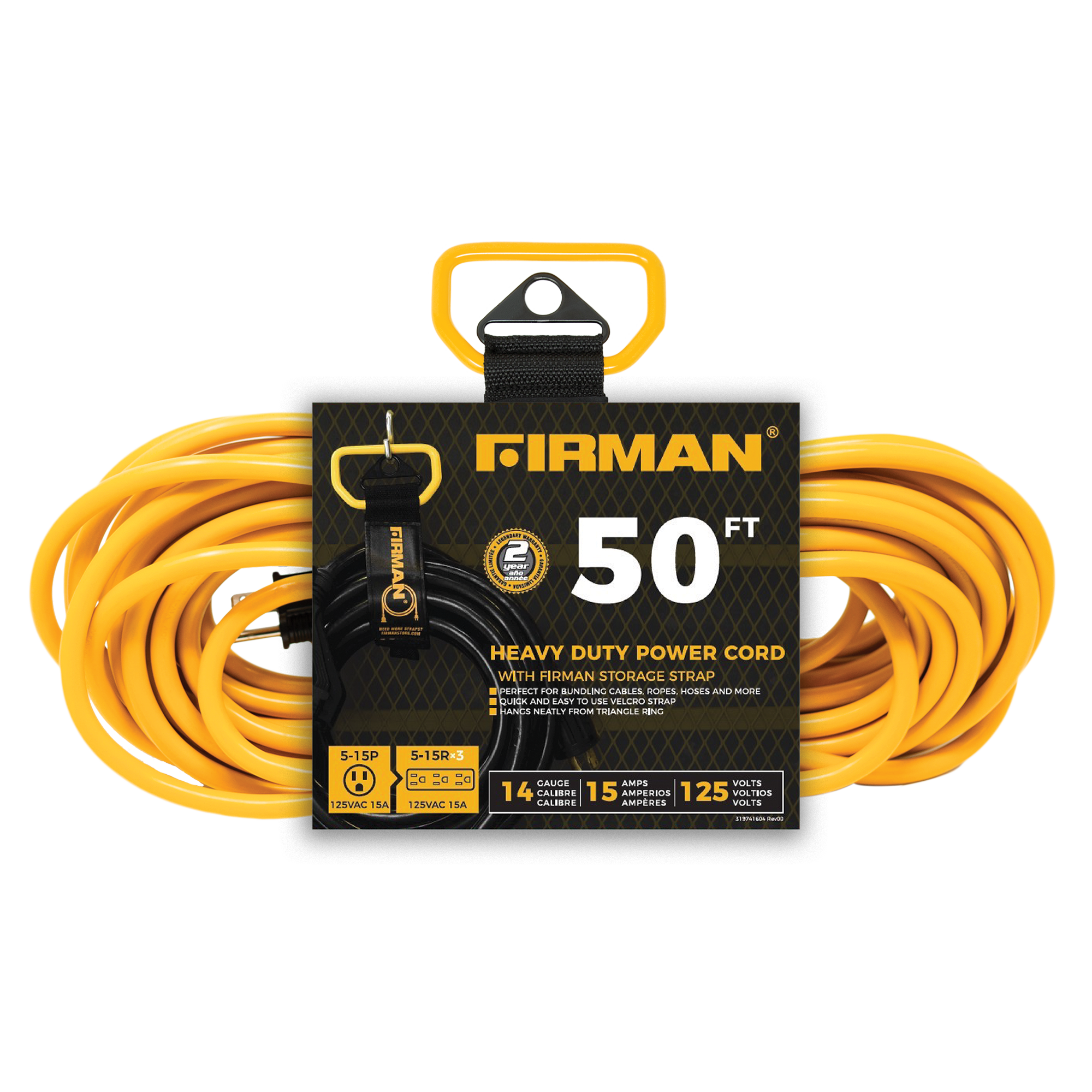 50ft Medium Duty 5-15P to (3) 5-15R Generator Utility Power Cord With Storage Strap