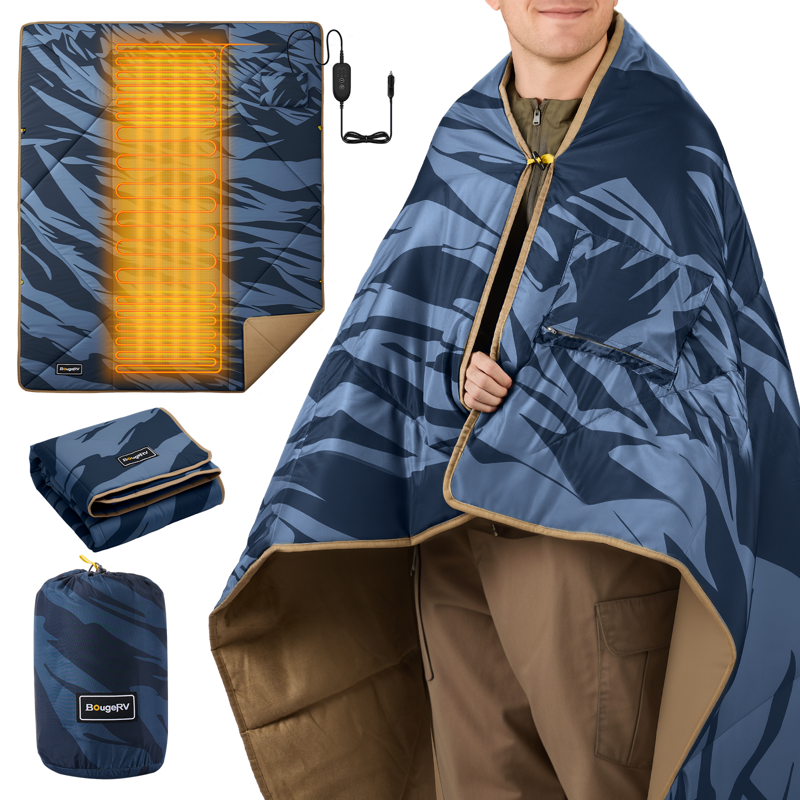 BougeRV 12V Portable Heated Blanket (Blue)