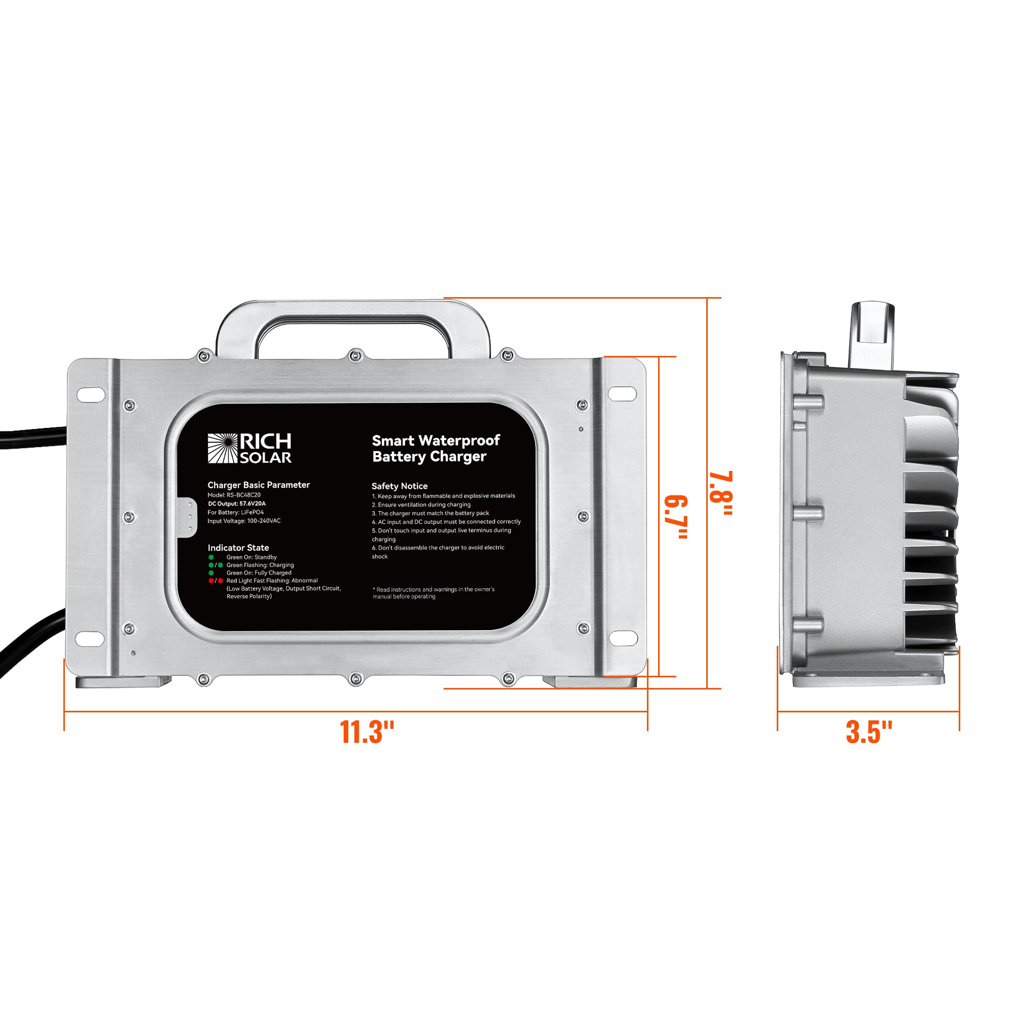 Rich Solar 48V (57.6V) Waterproof LiFePO4 Charger | 20A - 25A, 100-240V AC, 8-in-1 Protection, Fan-Cooled