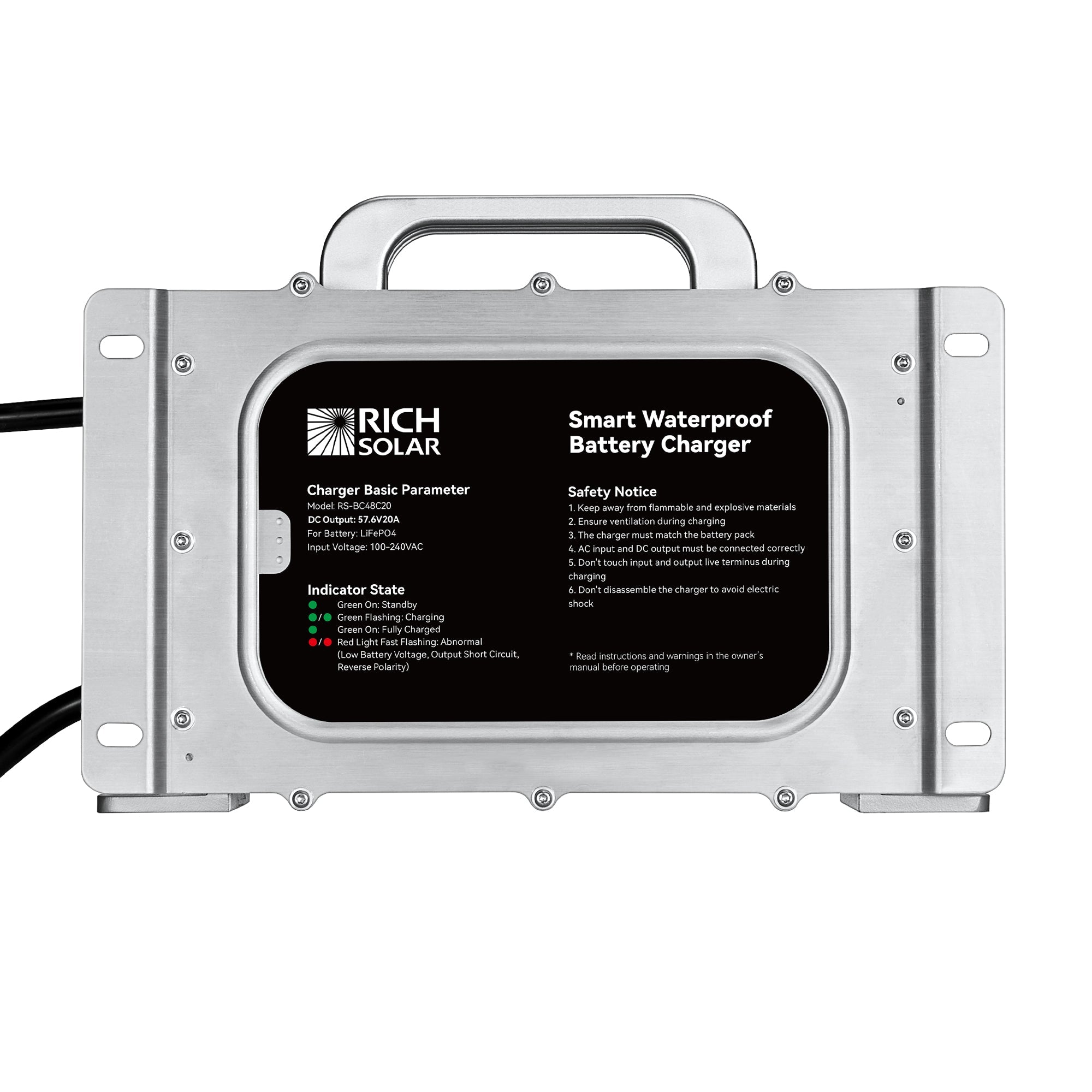 Rich Solar 48V (57.6V) Waterproof LiFePO4 Charger | 20A - 25A, 100-240V AC, 8-in-1 Protection, Fan-Cooled