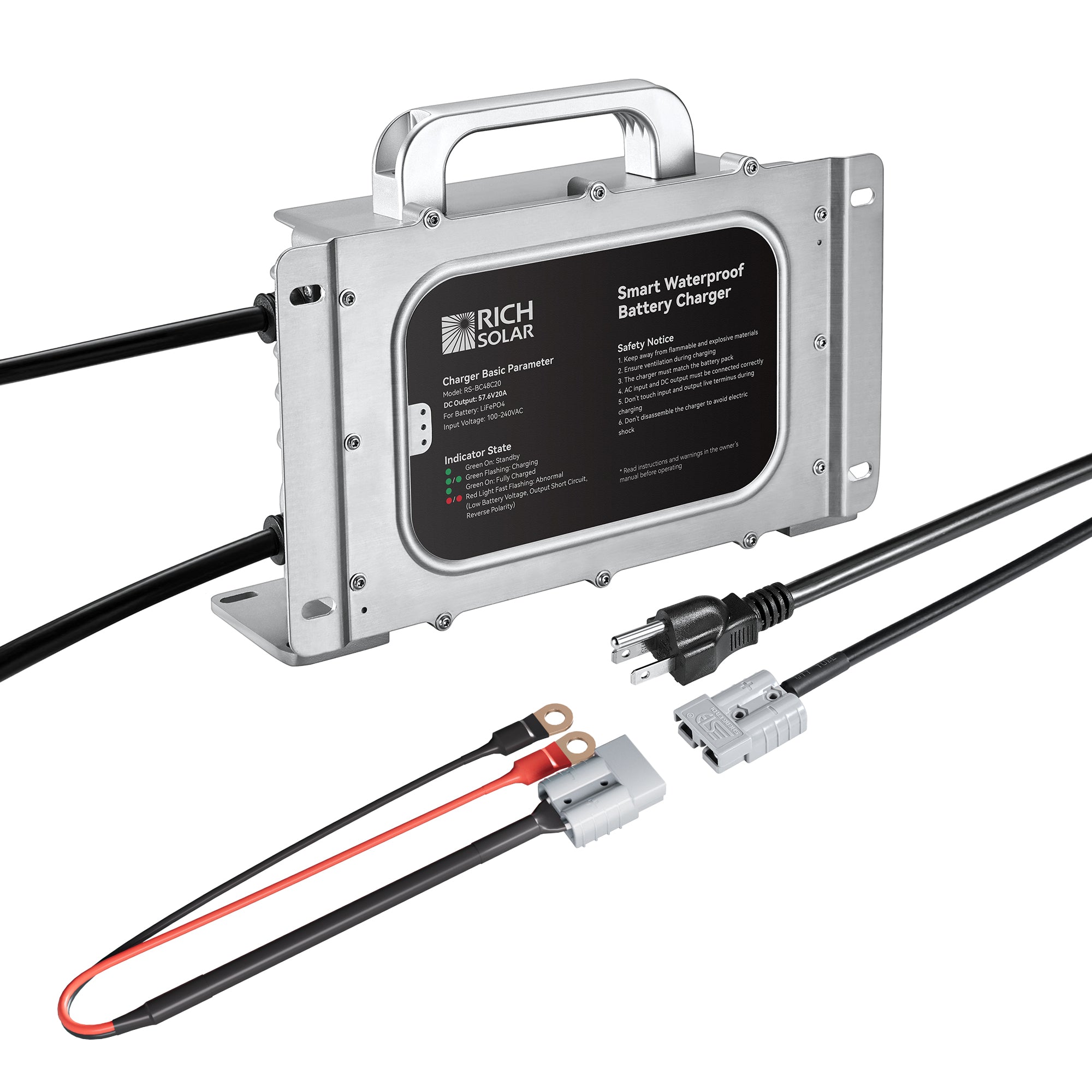 Rich Solar 48V (57.6V) Waterproof LiFePO4 Charger | 20A - 25A, 100-240V AC, 8-in-1 Protection, Fan-Cooled