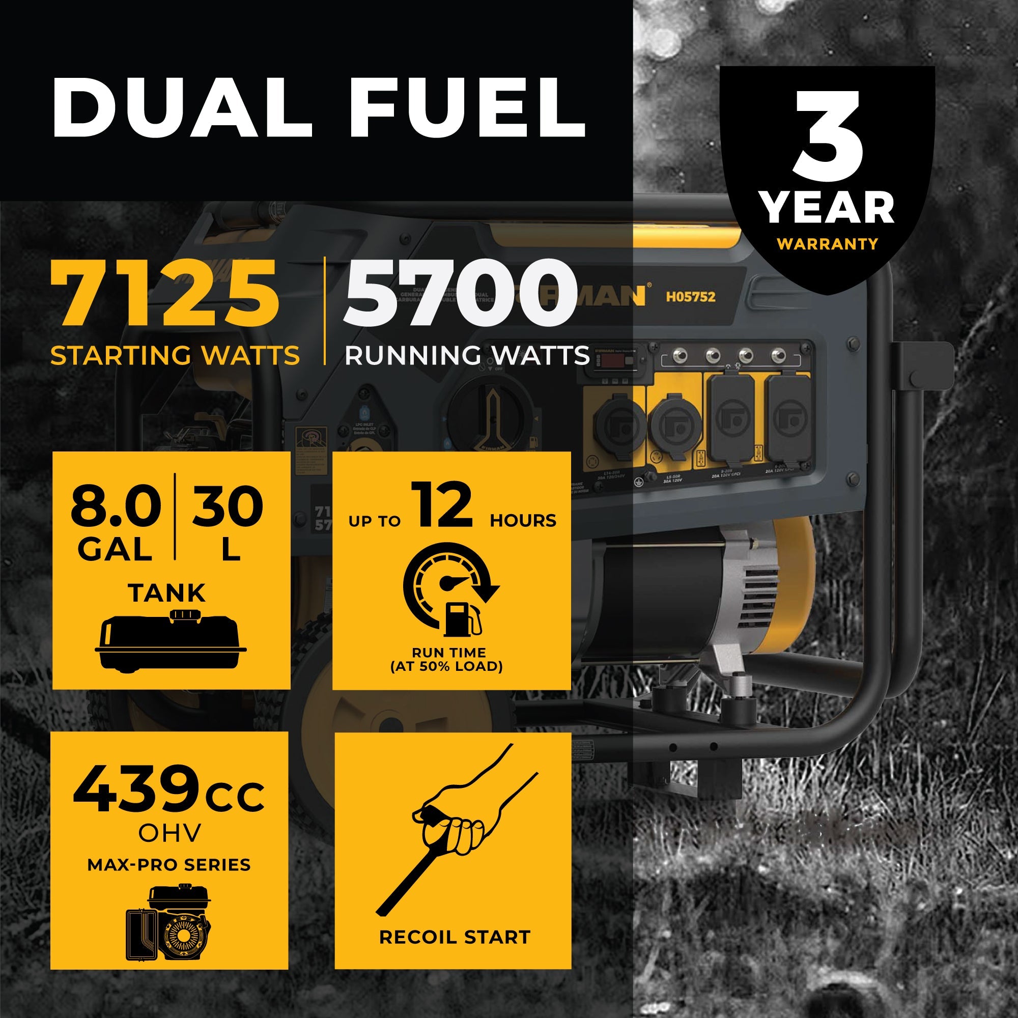 Dual Fuel 5700W Portable Generator Recoil Start 120/240V