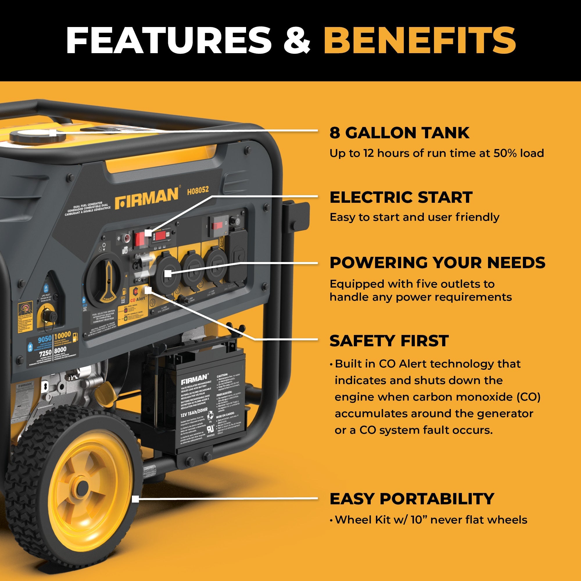 Dual Fuel Portable Generator 10000/8000W Electric Start 120/240V with CO alert
