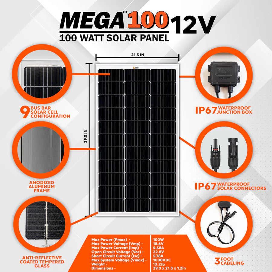 Rich Solar MEGA 100 | 2 PACK 100 Watt Solar Panels | Premier 12V Off-Grid Solar Panel for Vans, Campers, Boats | 25-Year Output Warranty