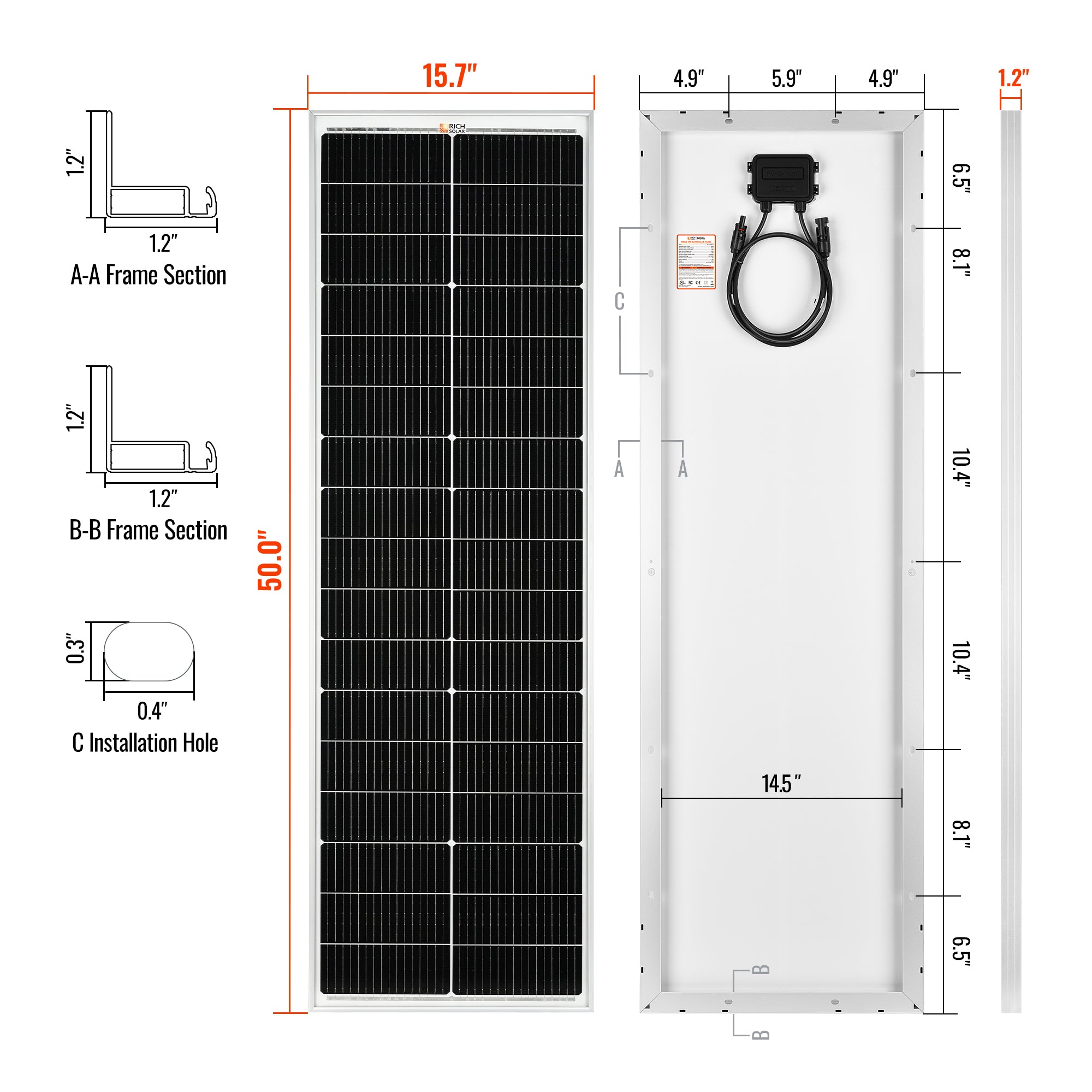 Rich Solar MEGA 100 SLIM | 100 Watt Slim Solar Panel | Compact 12V Off-Grid Narrow Solar Panel for Vans, Overlanders, Boats | 25-Year Output Warranty