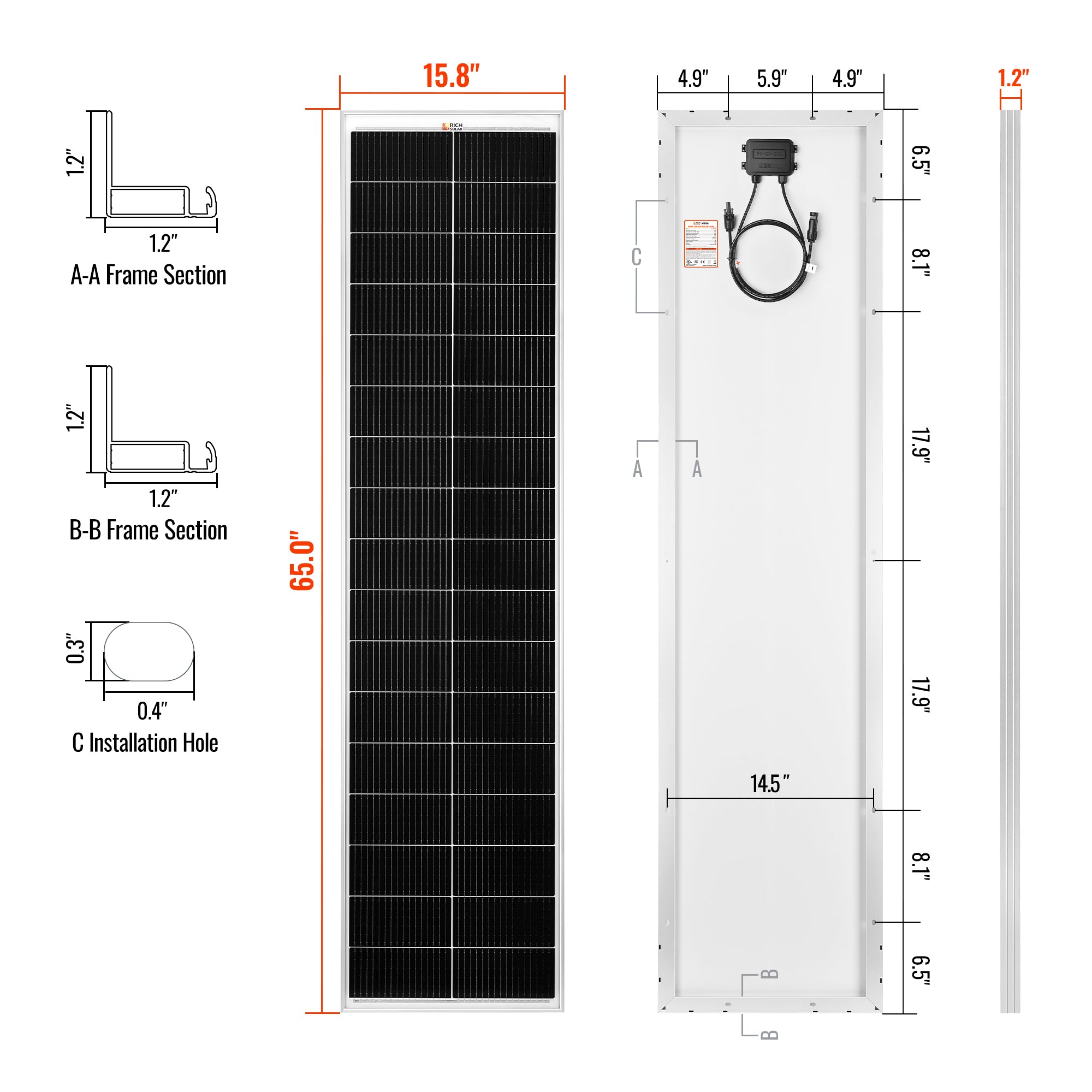 Rich Solar MEGA 130 SLIM | 130 Watt Slim Solar Panel | Compact 12V Narrow Panel for Vans, Campers, Boats | 25-Year Output Warranty