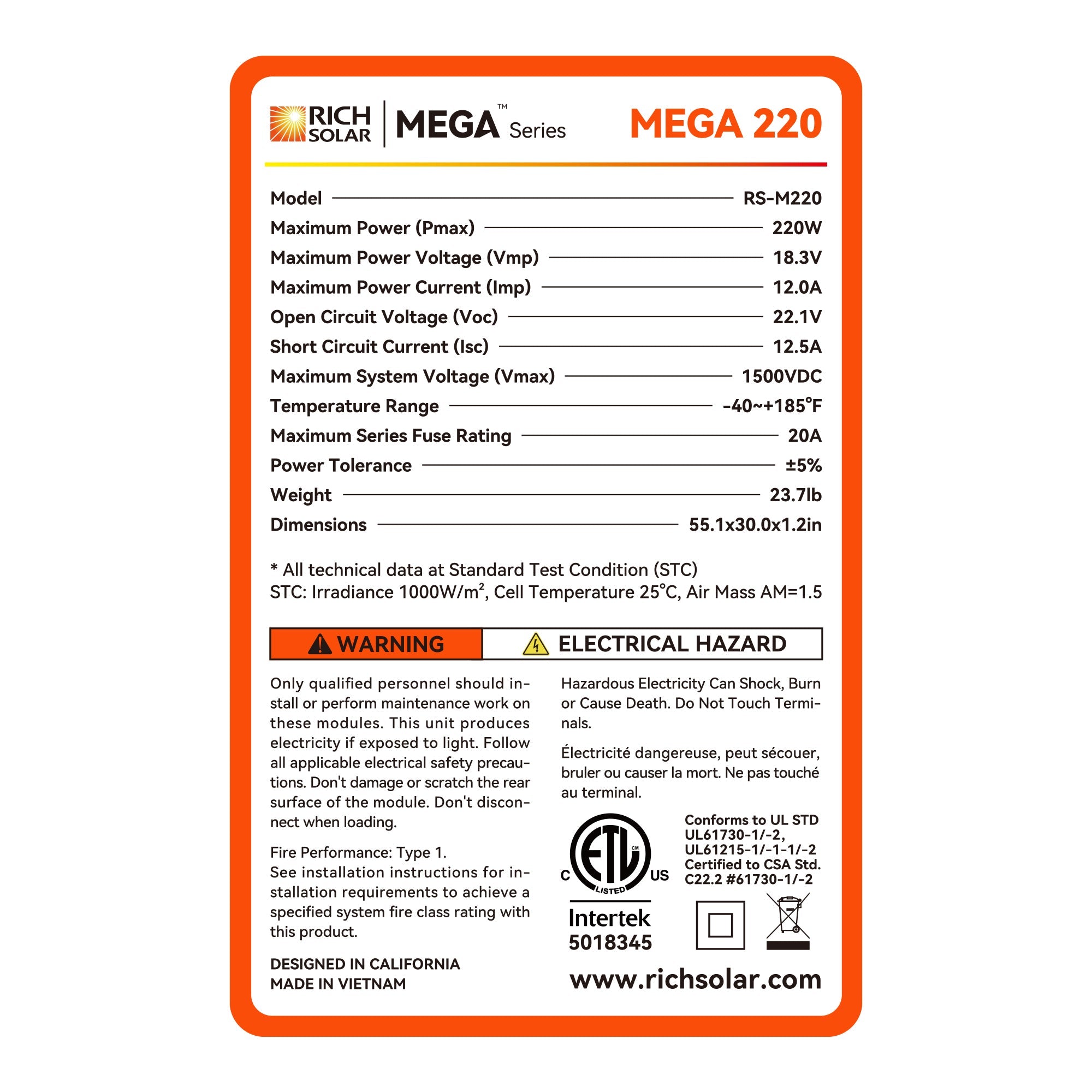 Rich Solar MEGA 220 | 220 Watt Solar Panel | Premium 12V Off-Grid Solar Panel for RVs, Cabins, Boats | 25-Year Output Warranty