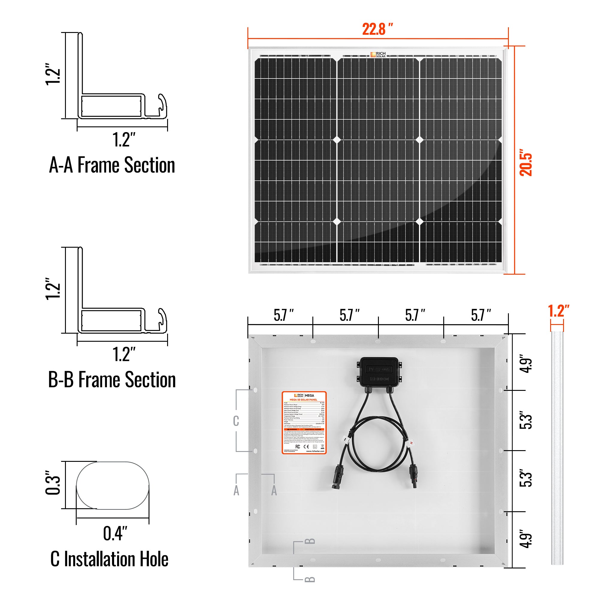 Rich Solar MEGA 50 | 50 Watt Solar Panel | Compact 12V Off-Grid Solar Panel for Boats, Vans, Trailers | 25-Year Output Warranty