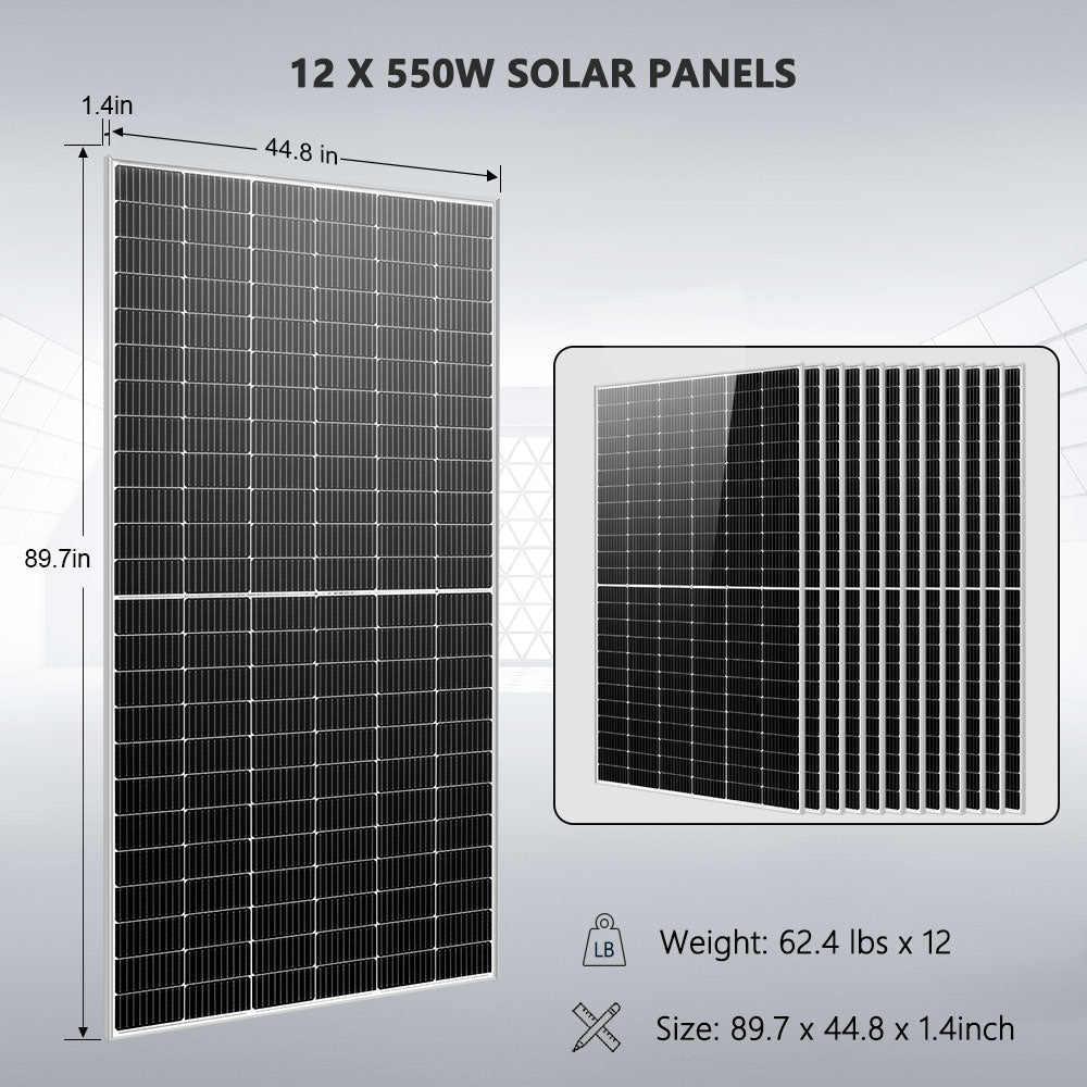 OFF GRID SOLAR KIT 12 X 550 WATTS SOLAR PANELS 20.48KWH-25.6KWH LITHIUM BATTERY 10KW SOLAR INVERTER 48VDC 120V/240V SGR-10K25S