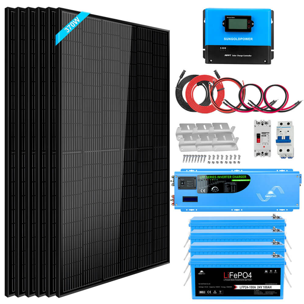 Off Grid Solar Kit 6000W 24VDC 120V/240V LiFePO4 10.24KWH Lithium Battery 6 X 370 Watt Solar Panels SGK- PRO62