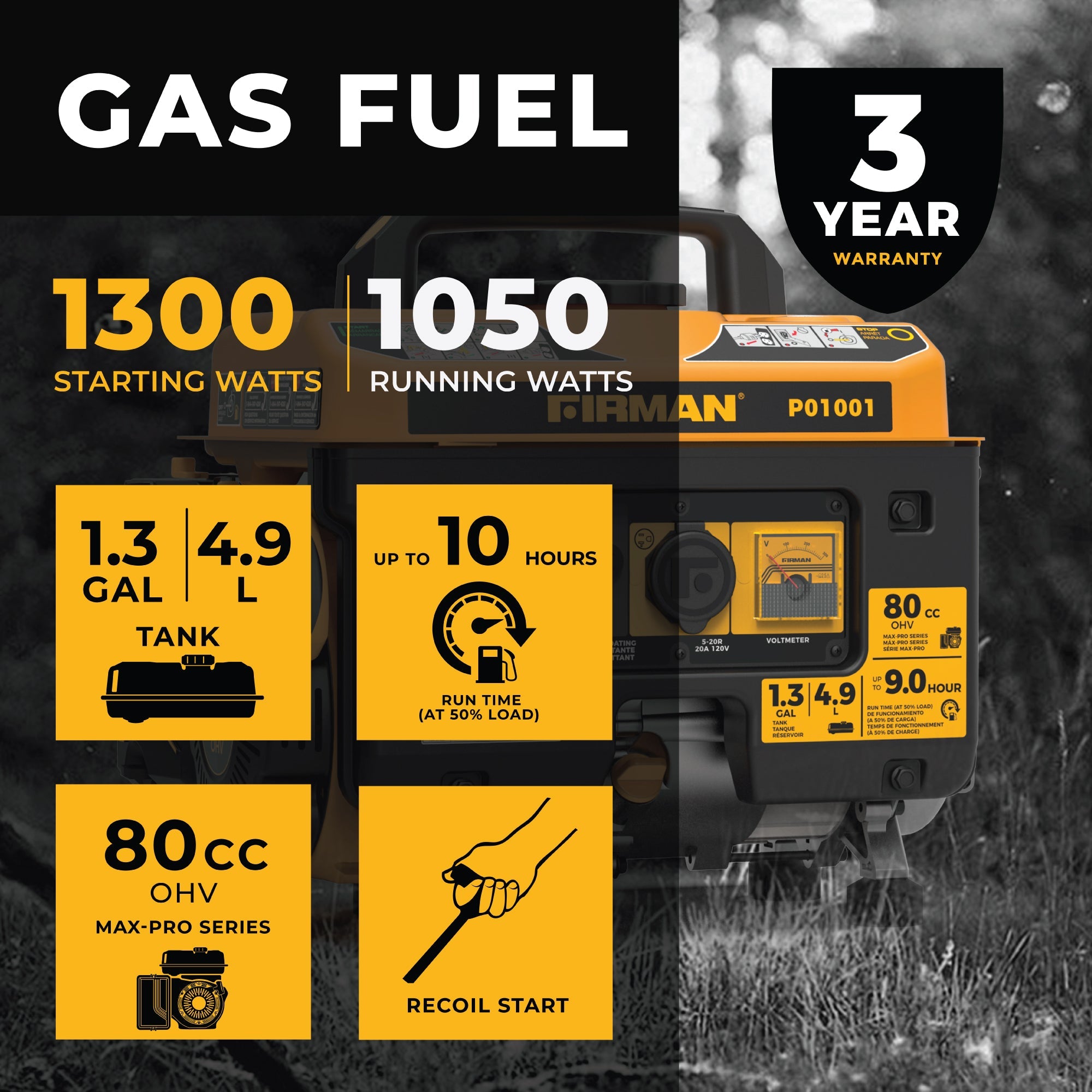 Gas Portable Generator 1300/1050W Recoil Start