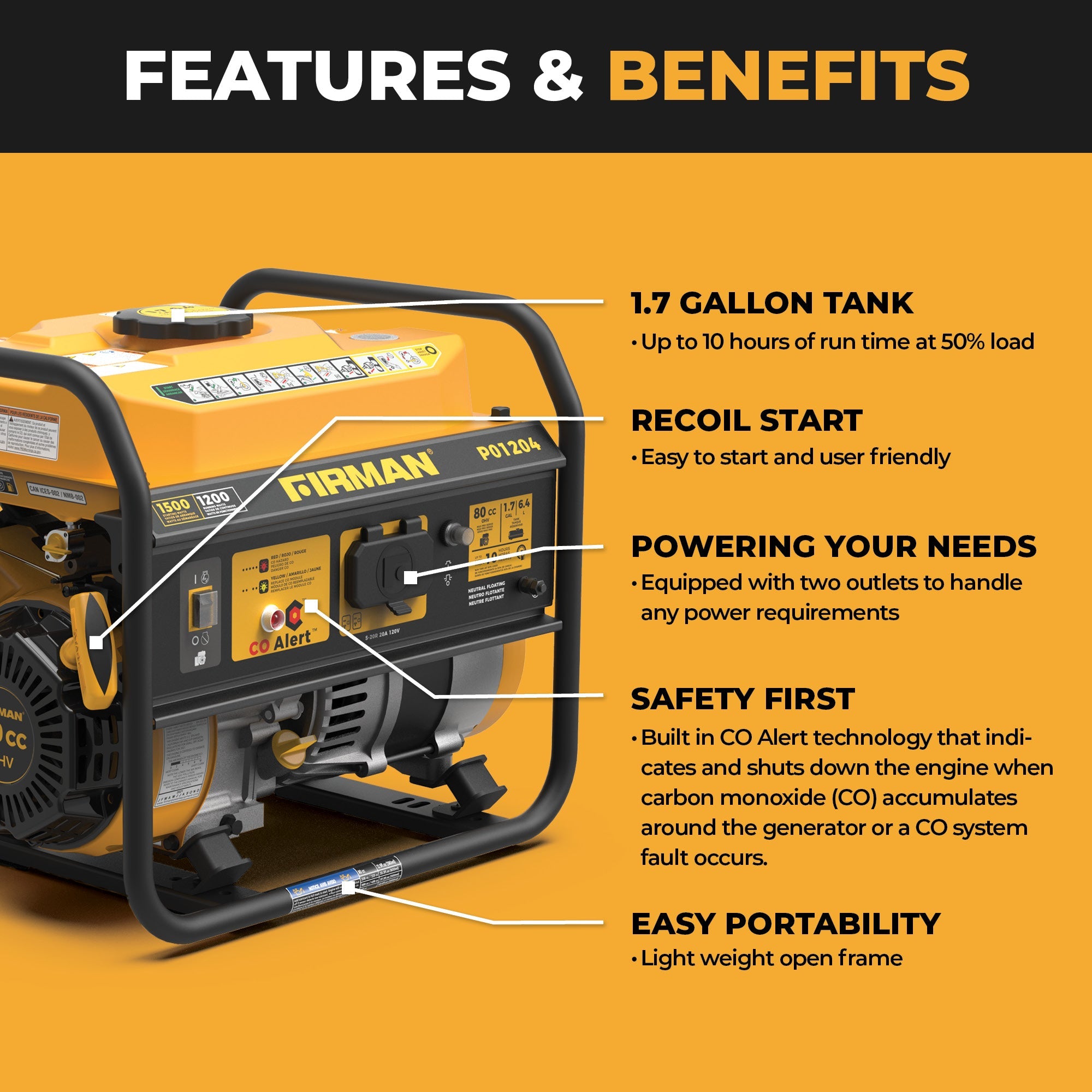 Gas Portable Generator 1500/1200W Recoil Start with CO alert