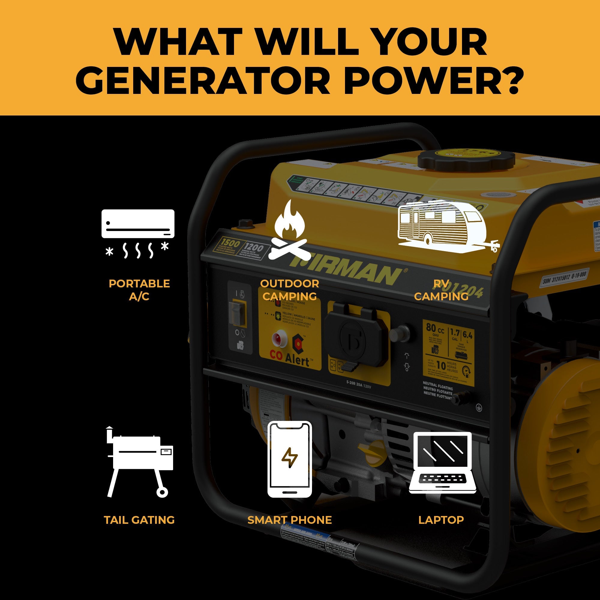 Gas Portable Generator 1500/1200W Recoil Start with CO alert