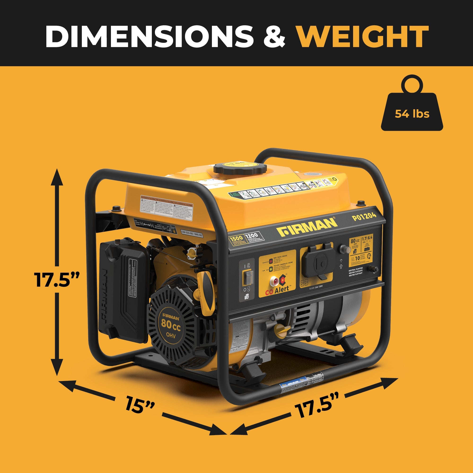 Gas Portable Generator 1500/1200W Recoil Start with CO alert