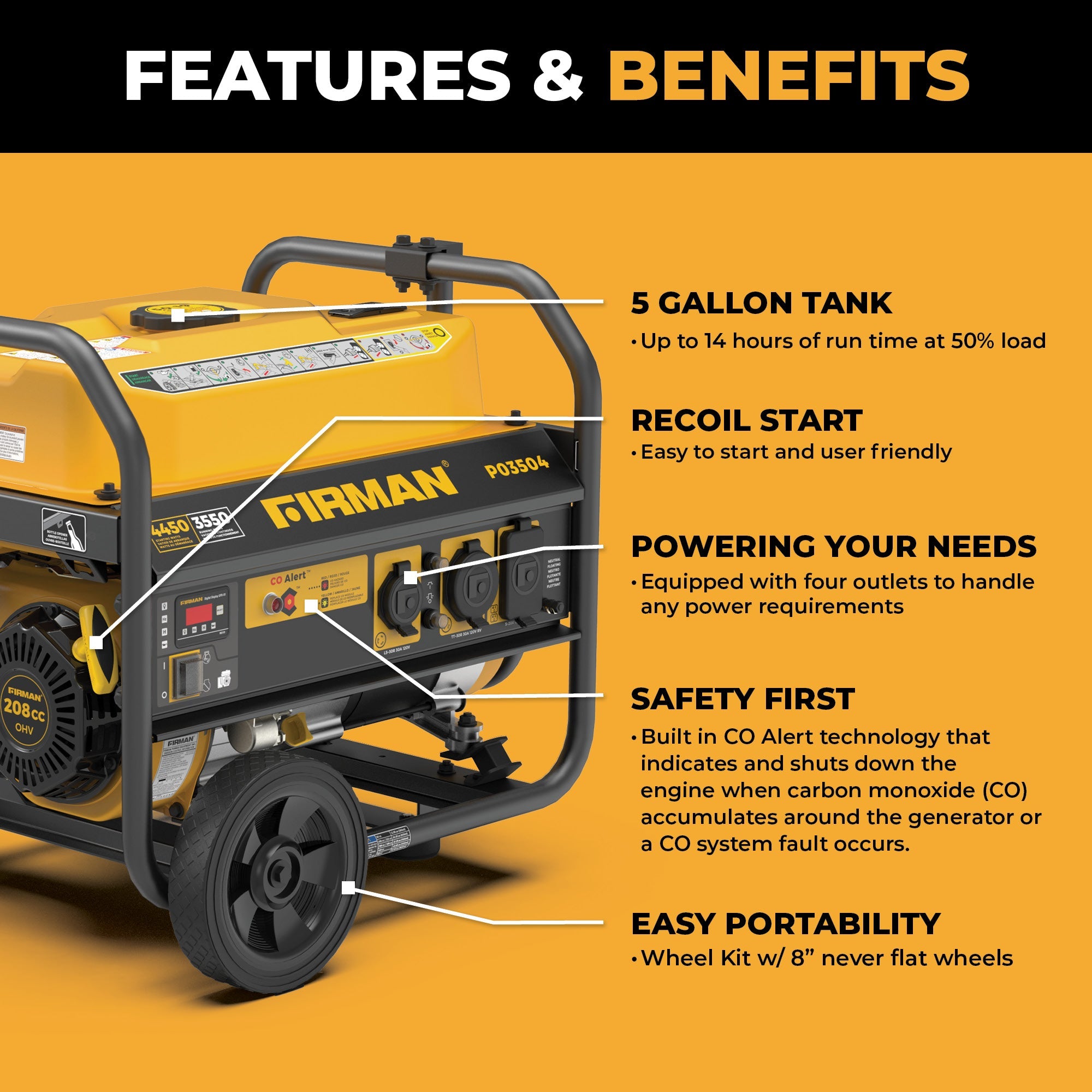 Gas Portable Generator 4450/3550W Recoil Start 120V with CO alert