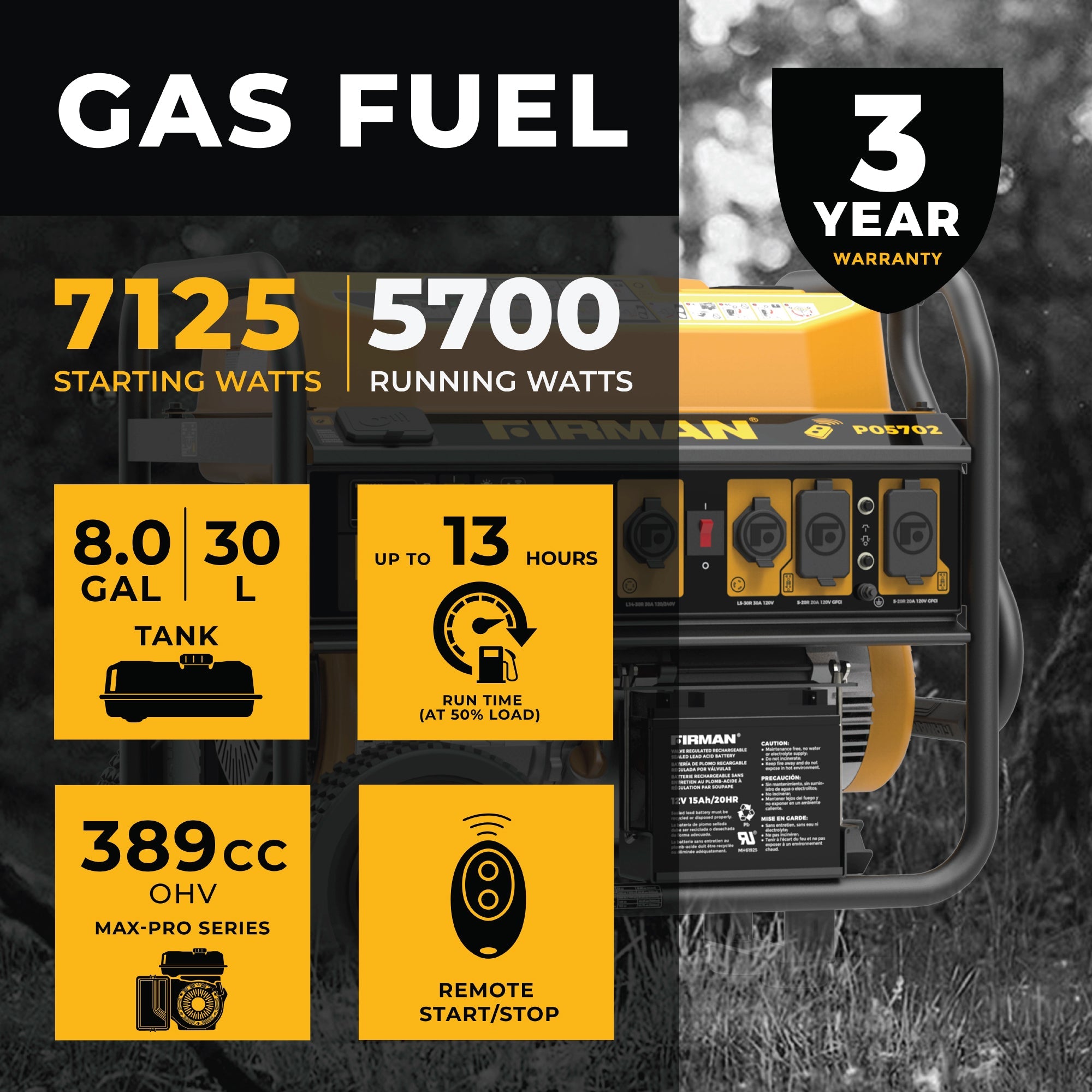 Gas Portable Generator 7125W Remote Start 120/240V