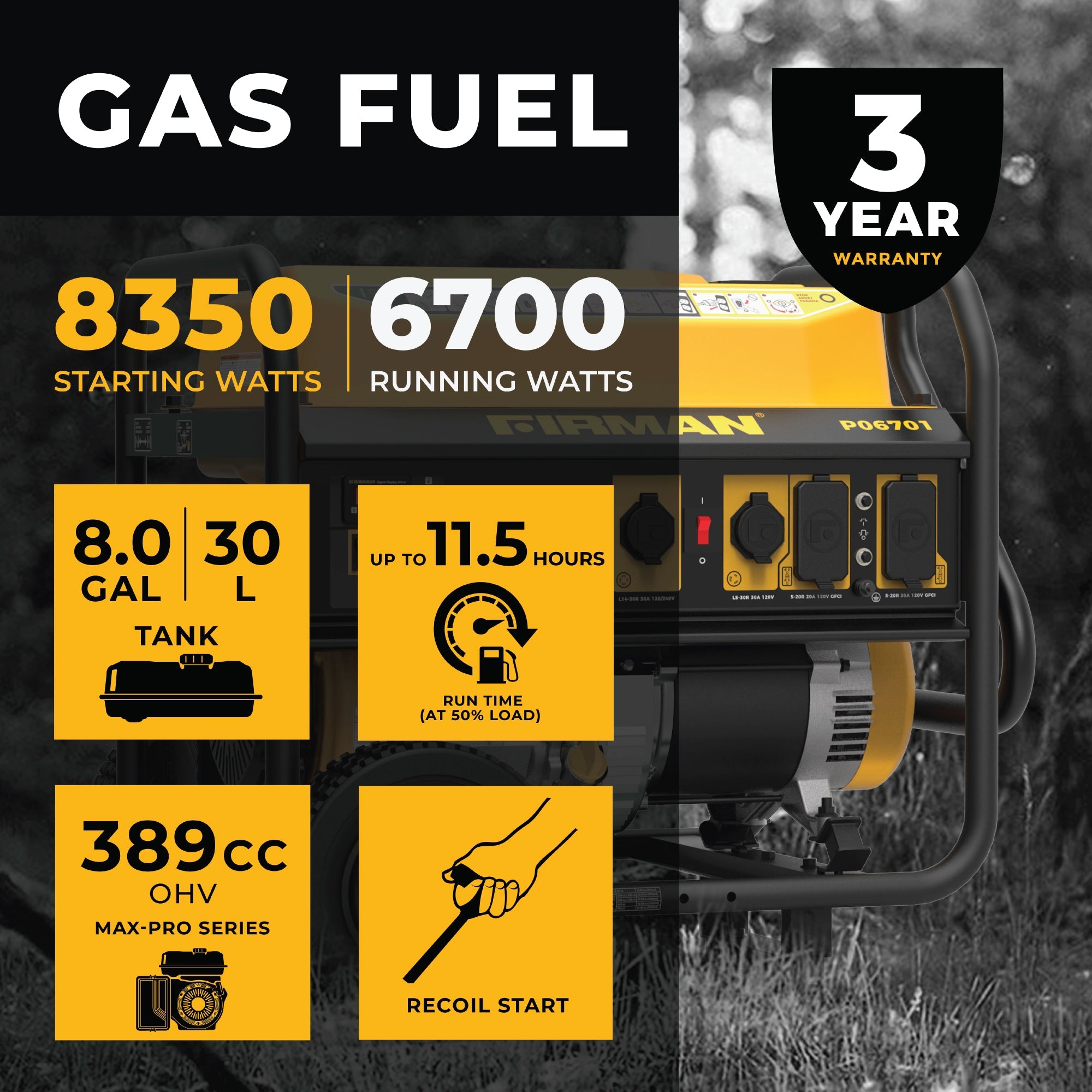 Gas Portable Generator 8350/6700W Recoil Start 120/240V