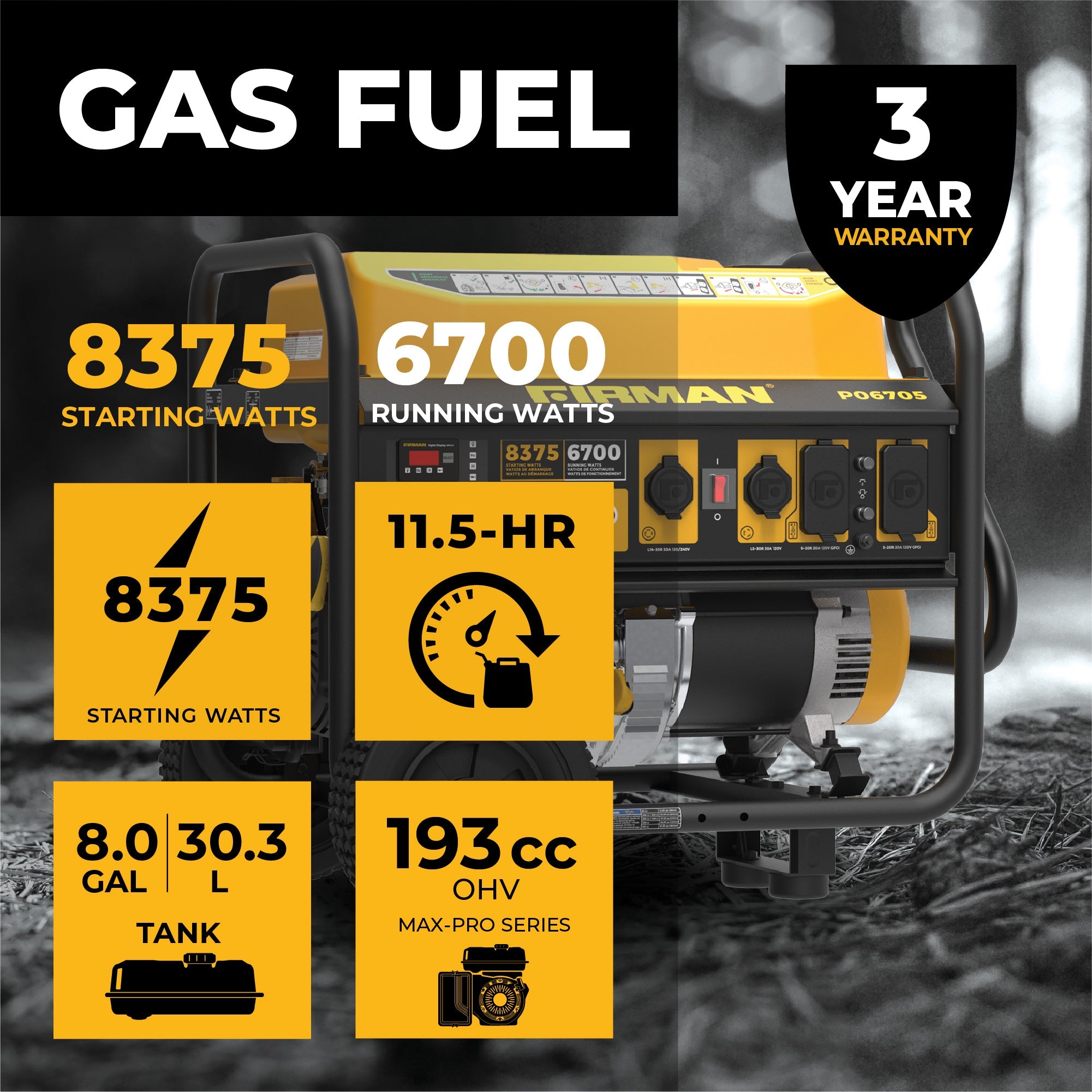 Gas Portable Generator 8375/6700W Recoil Start 120/240V With CO Alert