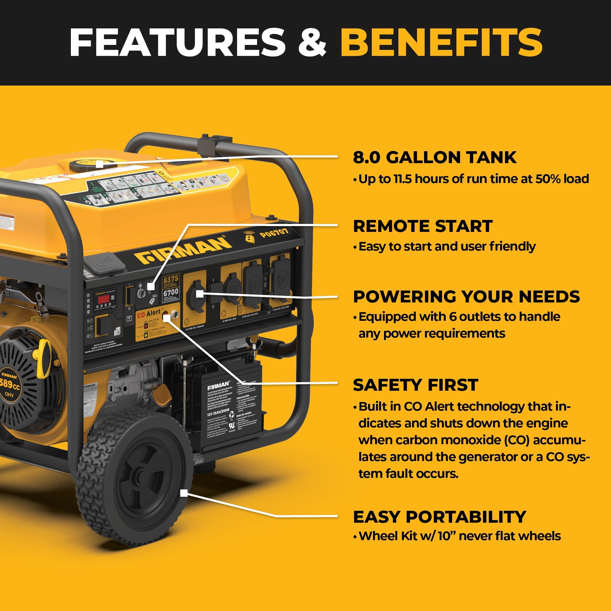 GAS PORTABLE GENERATOR 8375/6700W REMOTE START WITH CO ALERT