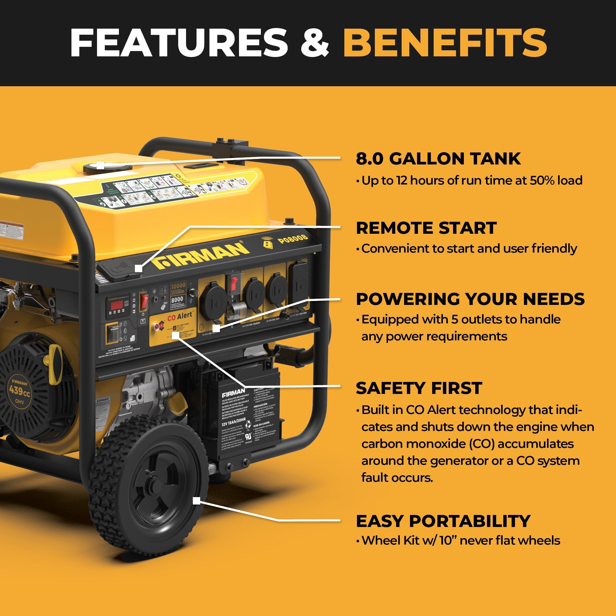 Gas Portable Generator 10000/8000W Remote Start 120/240V with CO Alert