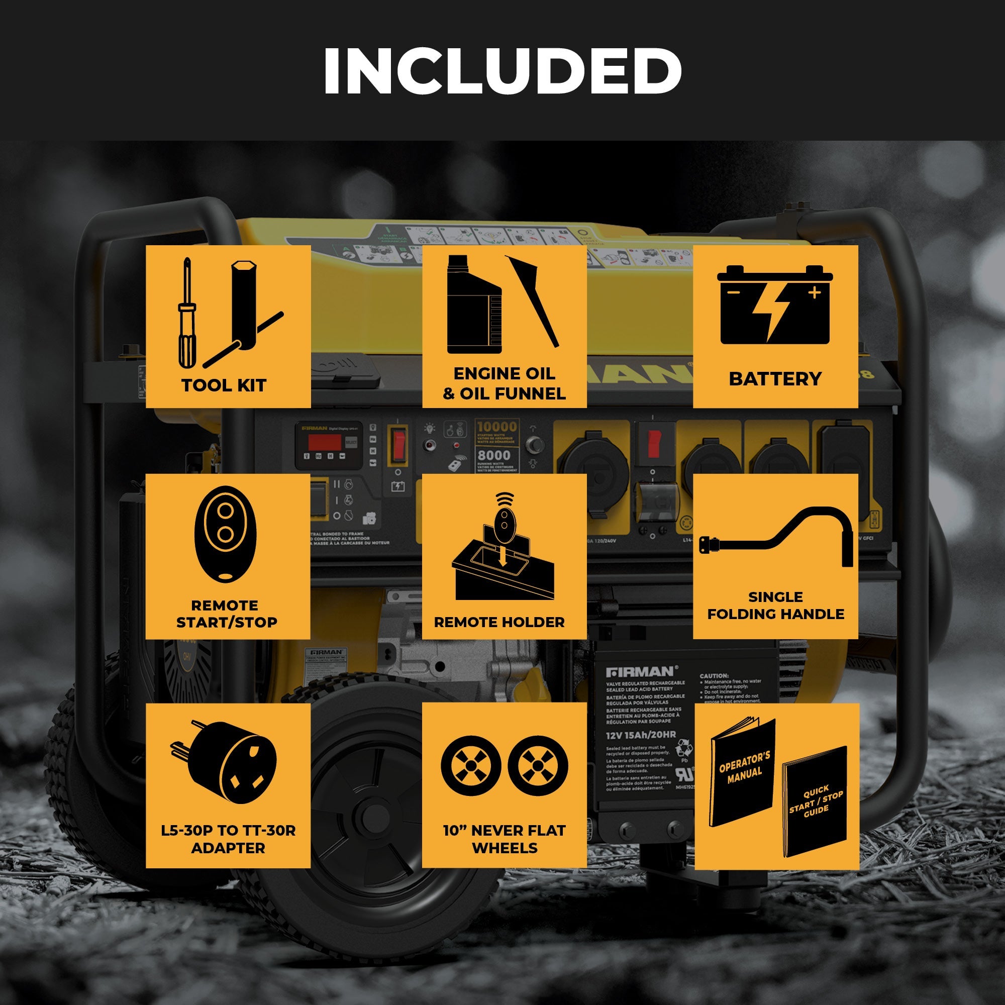 Gas Portable Generator 10000/8000W Remote Start 120/240V with CO Alert
