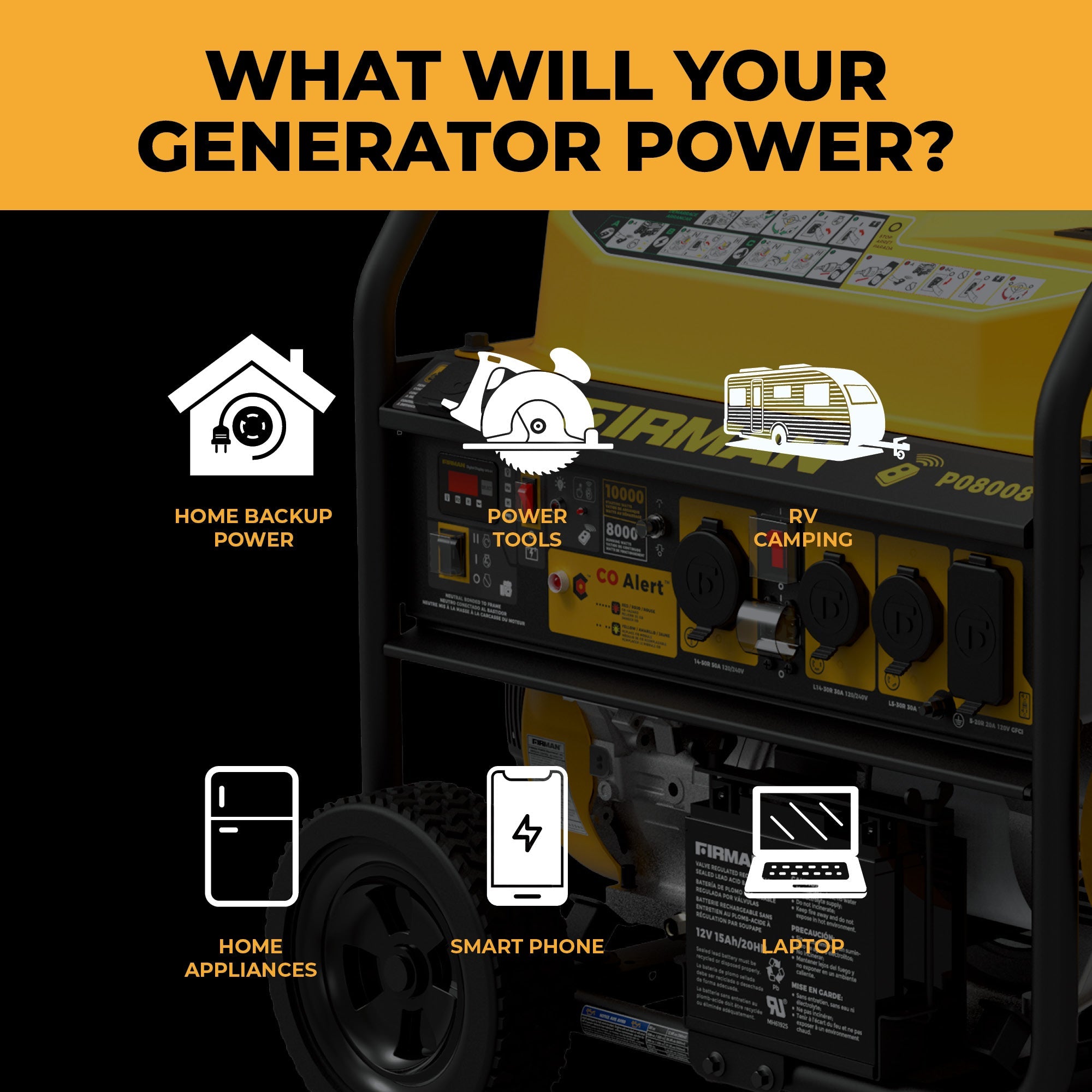 Gas Portable Generator 10000/8000W Remote Start 120/240V with CO Alert