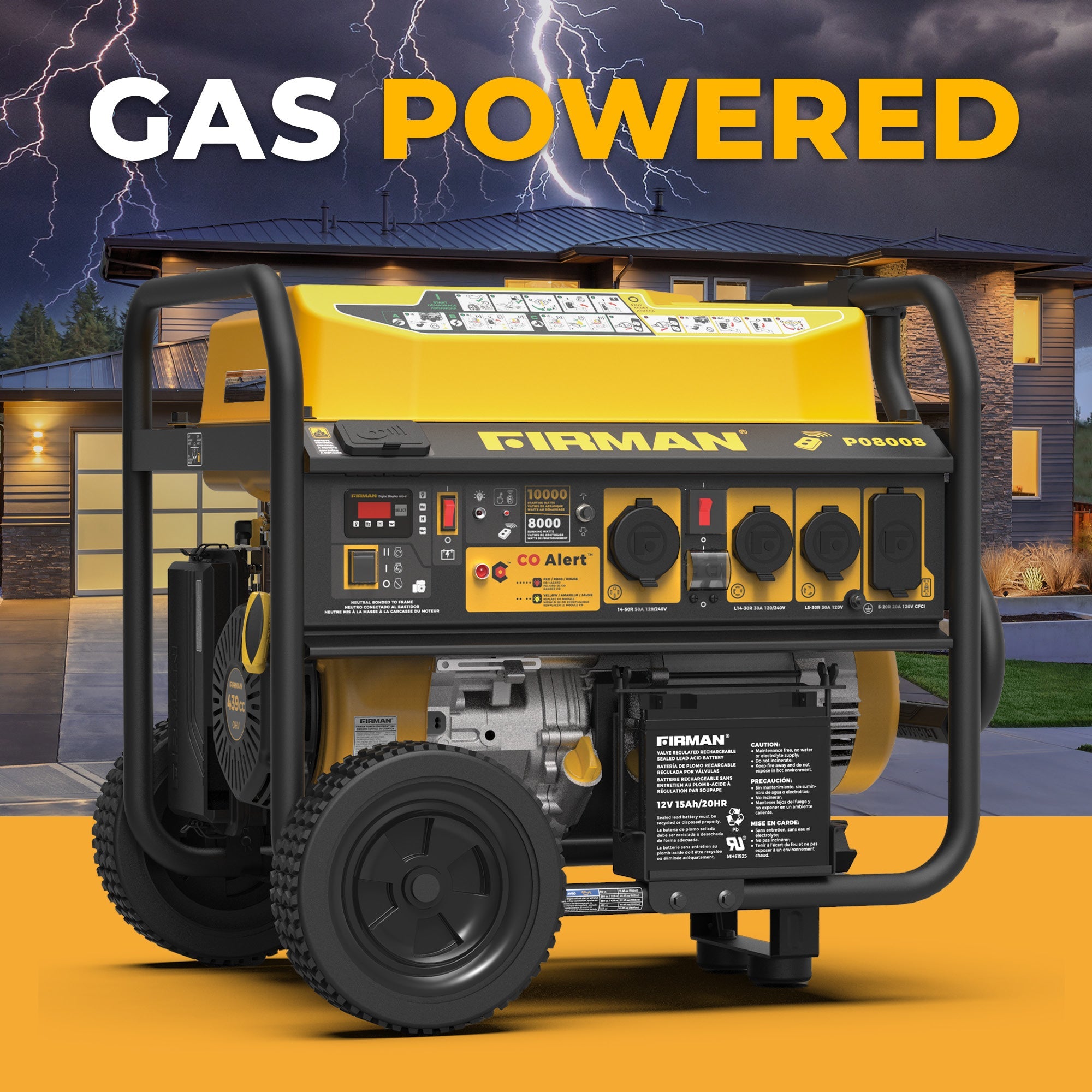 Gas Portable Generator 10000/8000W Remote Start 120/240V with CO Alert