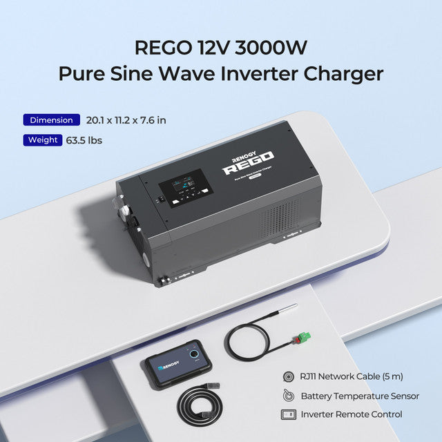 Renogy REGO 3000W 12V Pure Sine Wave Inverter Charger w/ LCD Display