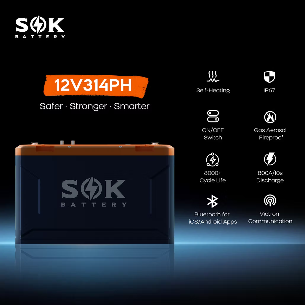 SK12V314PH | 12V314Ah Battery, Built-In Heater & Bluetooth, Victron CAN Comms