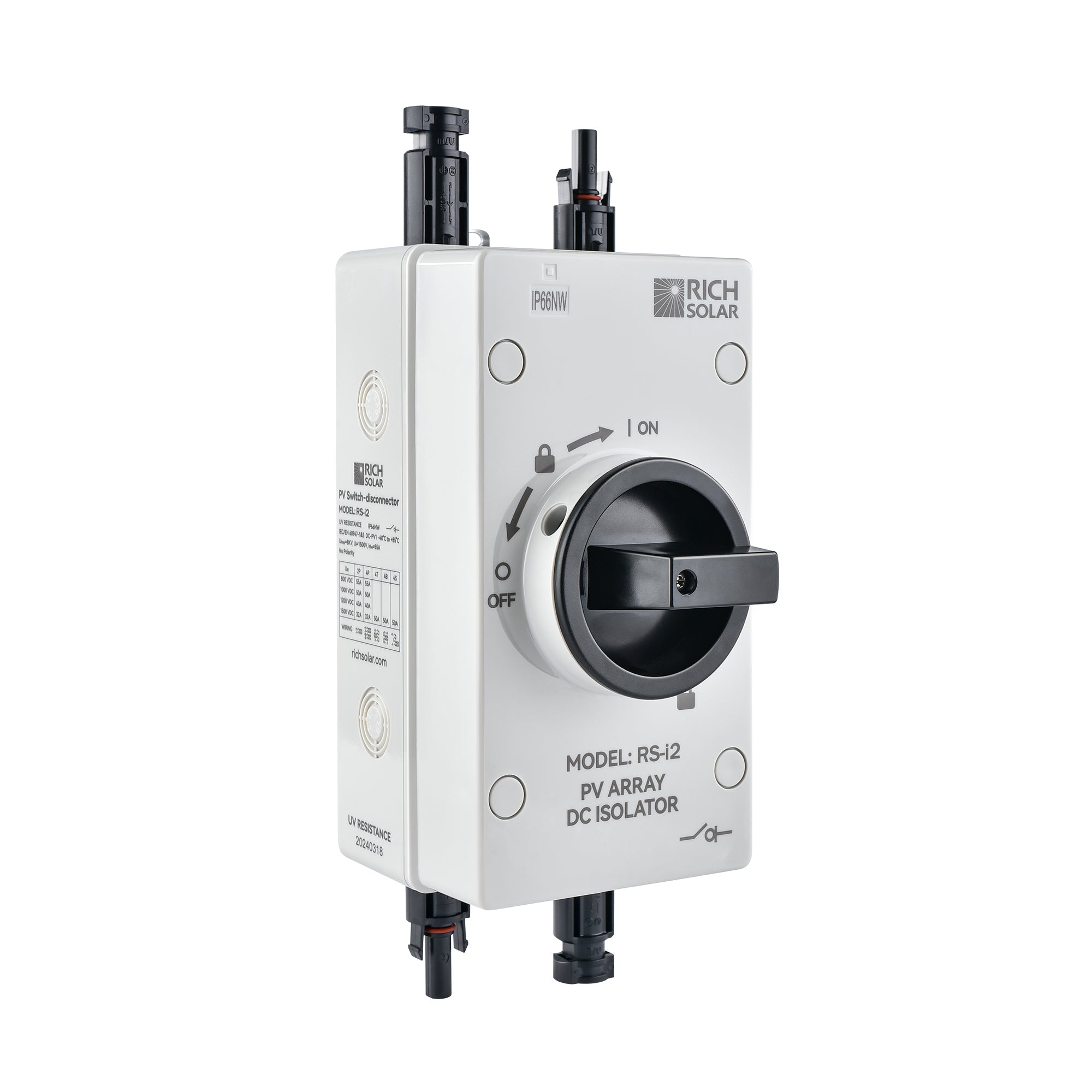 Rich Solar Solar PV DC Quick Disconnect Switch | Solar Array DC Quick Disconnect Switch | 1500 Volt 55 Amp | 2 Pole 1 String | Easy to Install